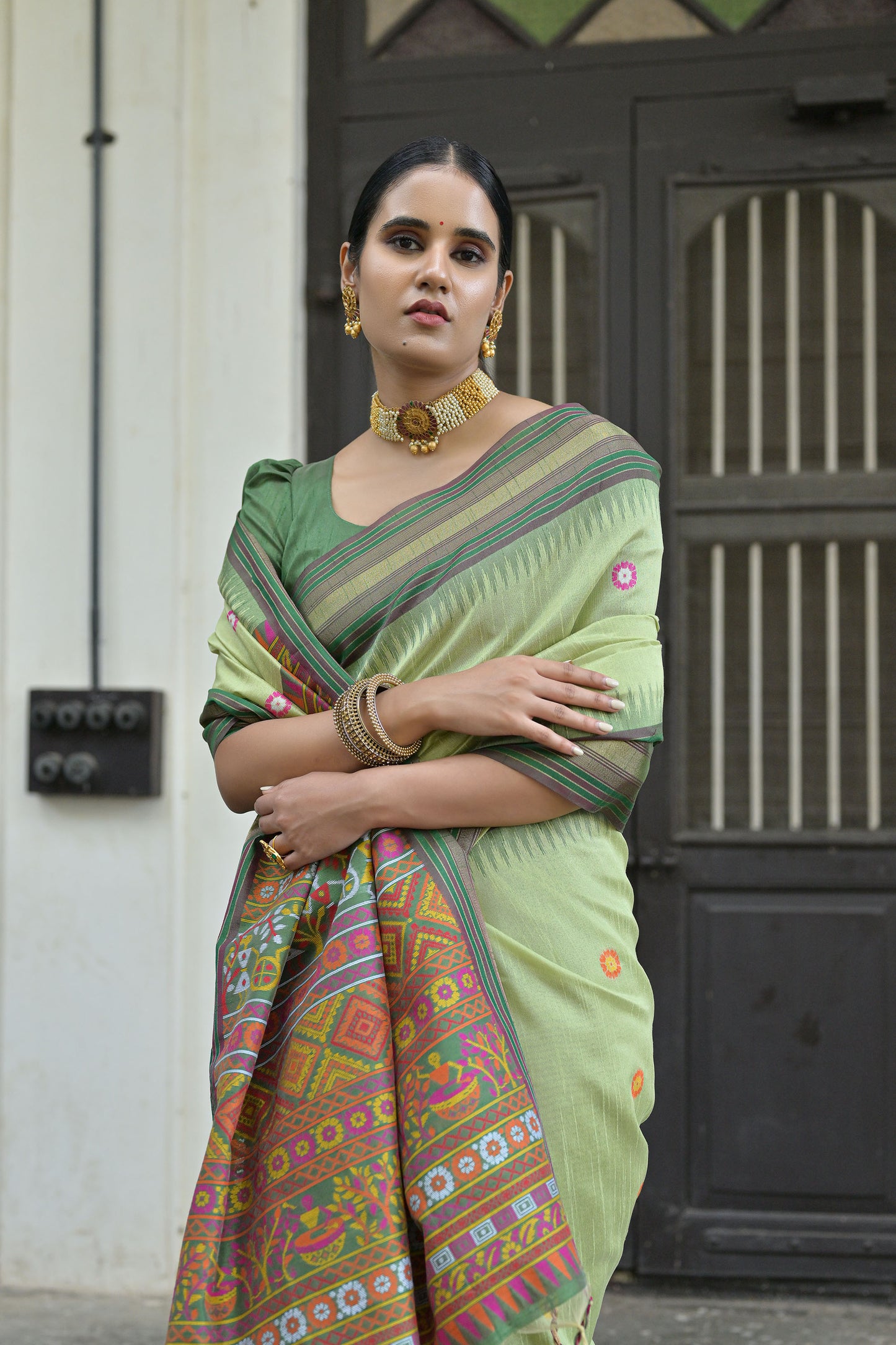 Pista Handloom Raw Silk Meenakari woven Saree