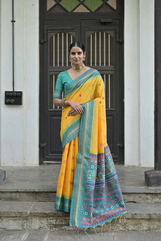Yellow Handloom Raw Silk Meenakari woven Saree