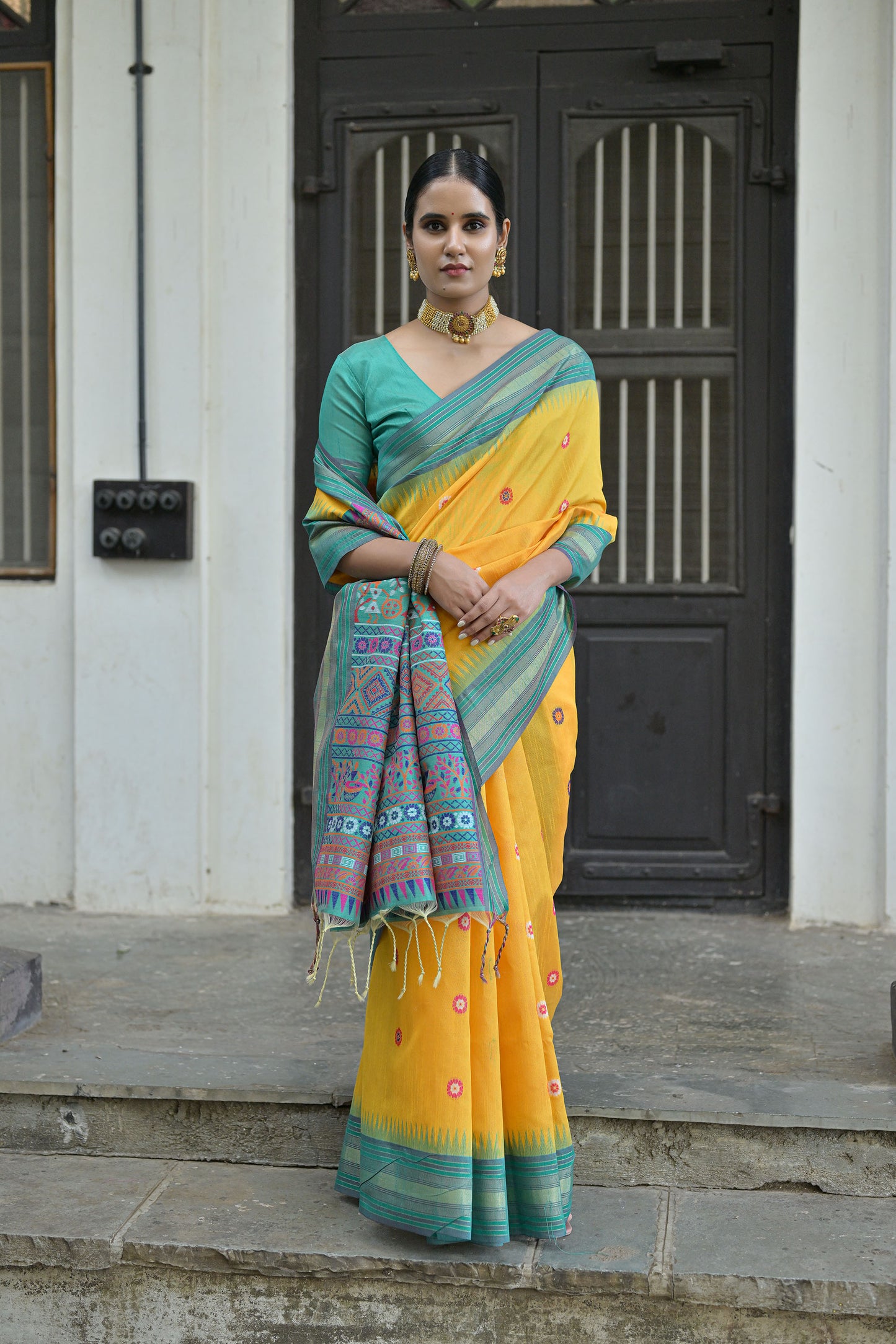 Yellow Handloom Raw Silk Meenakari woven Saree