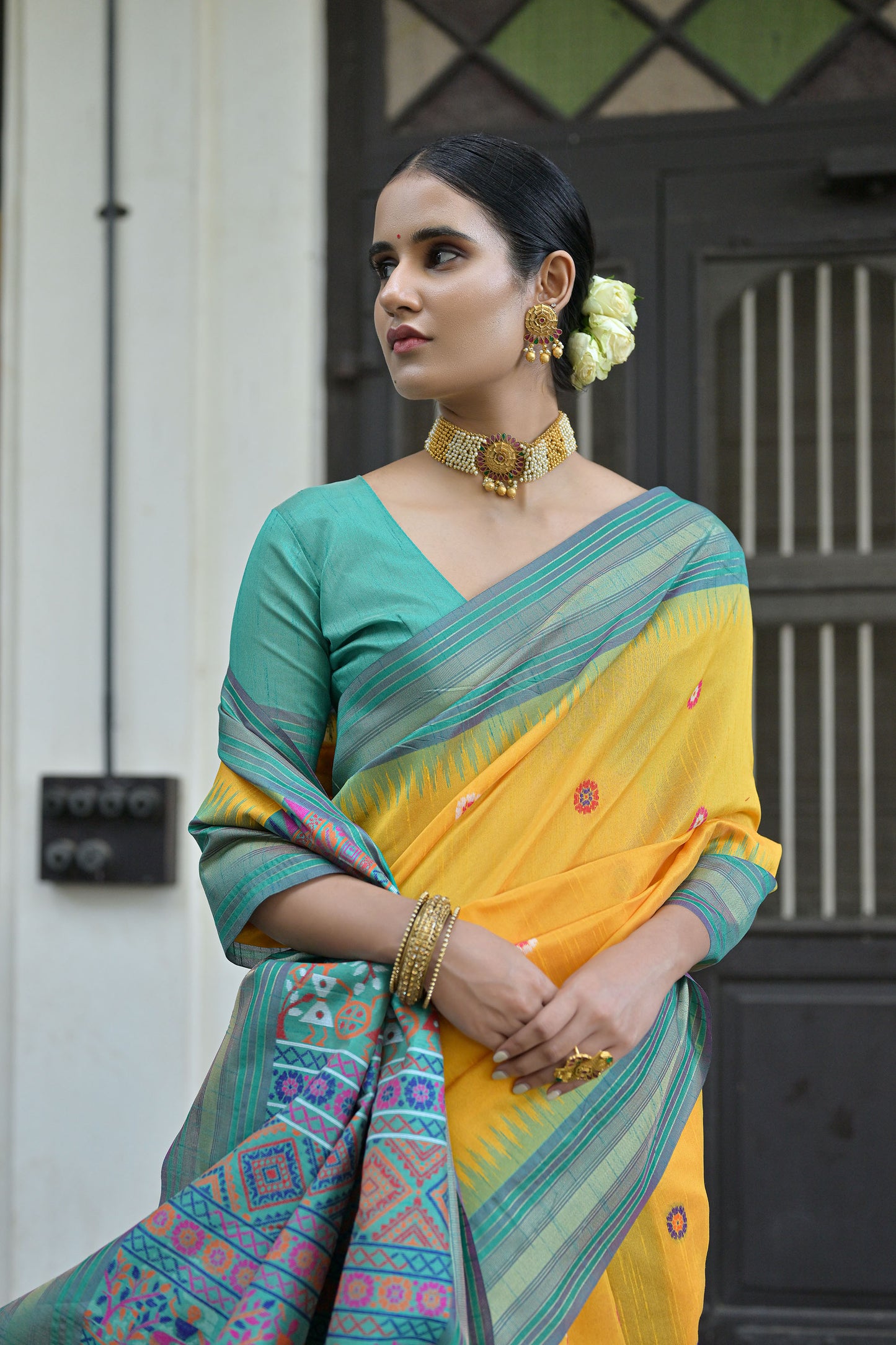 Yellow Handloom Raw Silk Meenakari woven Saree