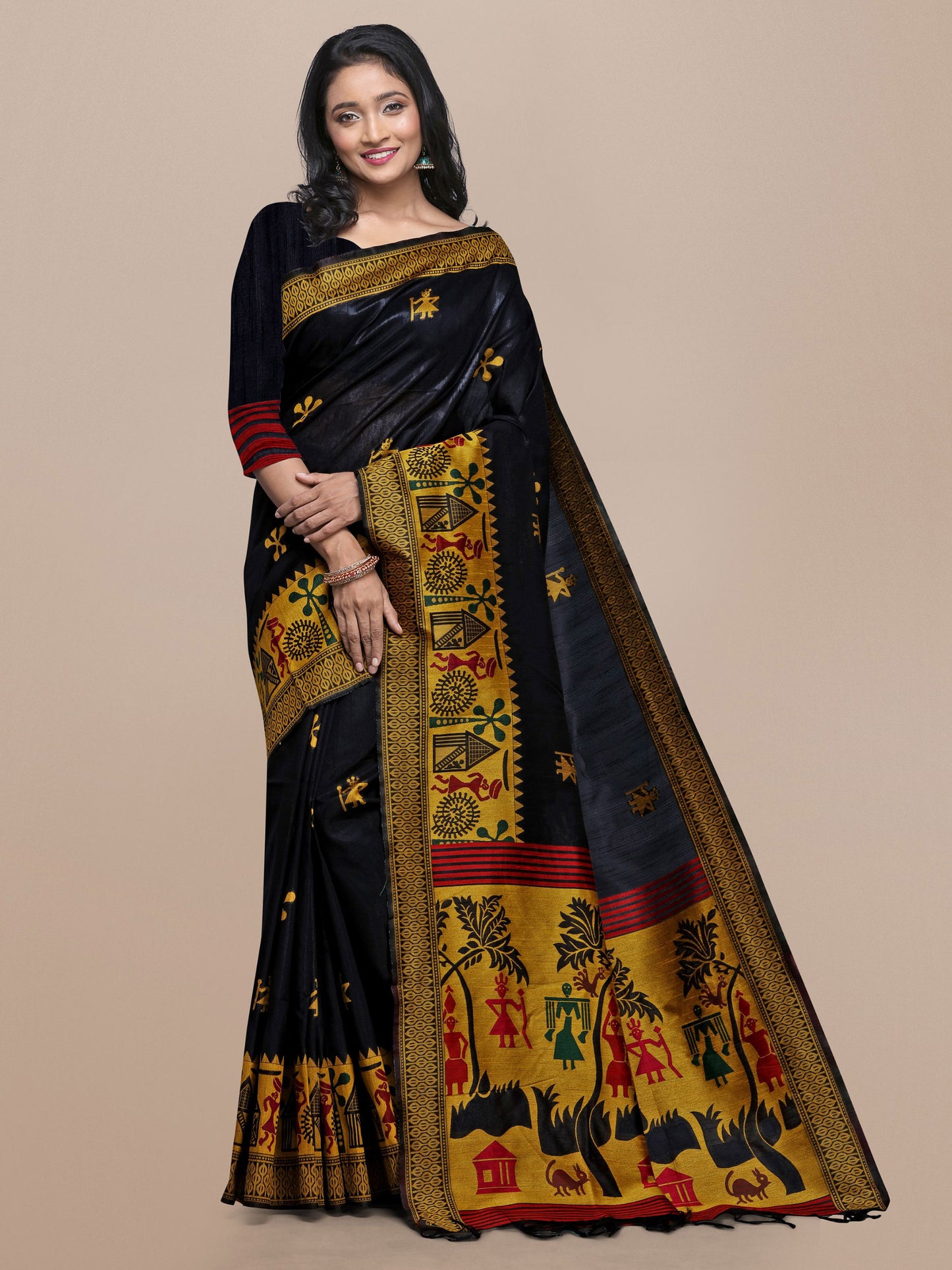 Black Handloom Kalamkari woven Raw Silk saree