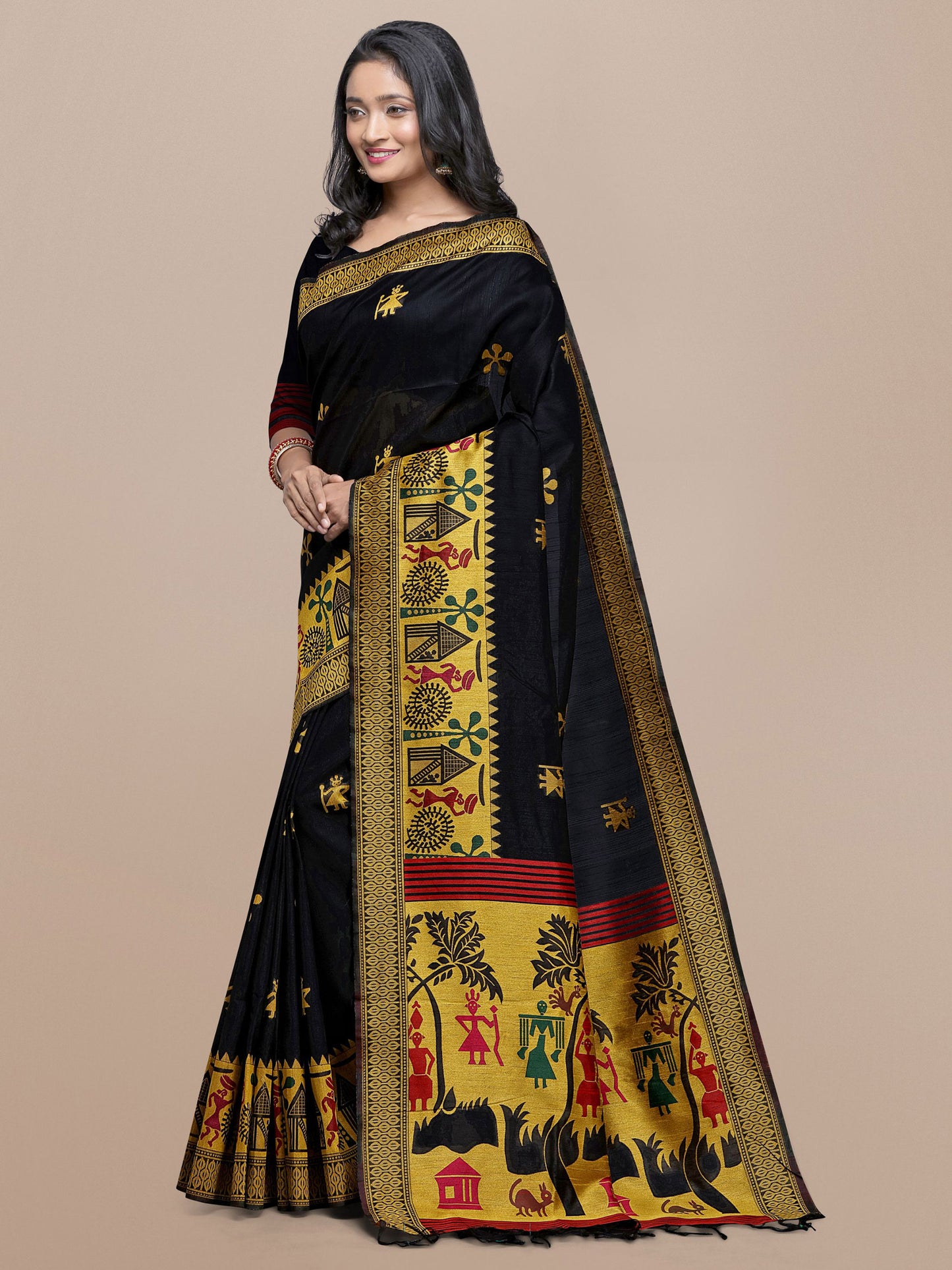 Black Handloom Kalamkari woven Raw Silk saree