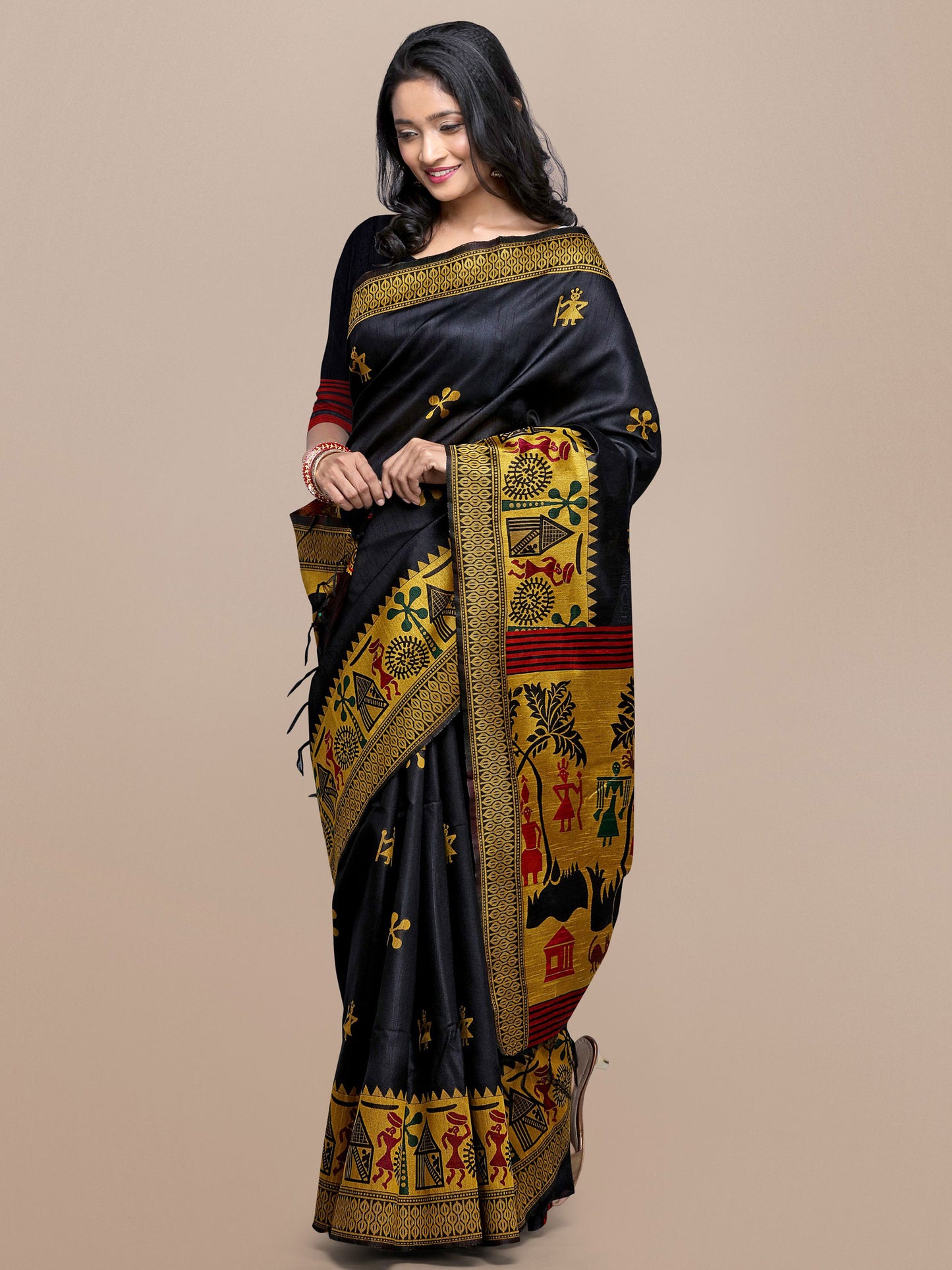 Black Handloom Kalamkari woven Raw Silk saree