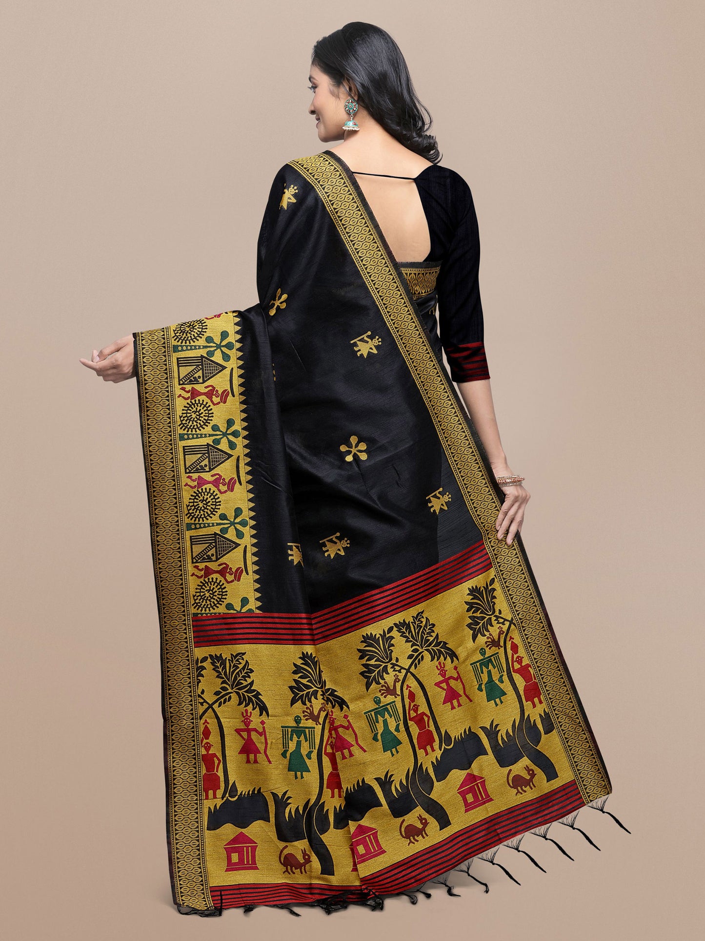 Black Handloom Kalamkari woven Raw Silk saree