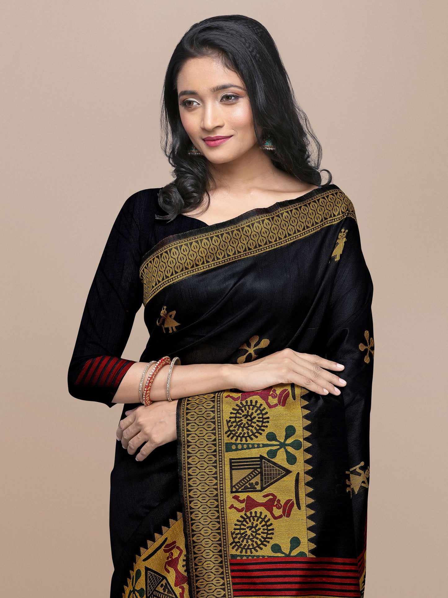 Black Handloom Kalamkari woven Raw Silk saree