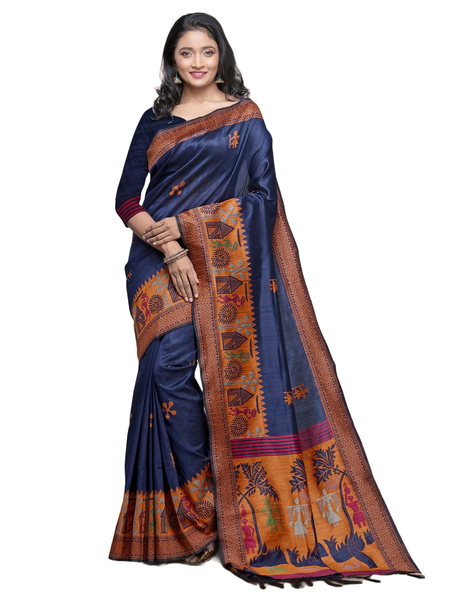 Blue Handloom Kalamkari woven Raw Silk saree