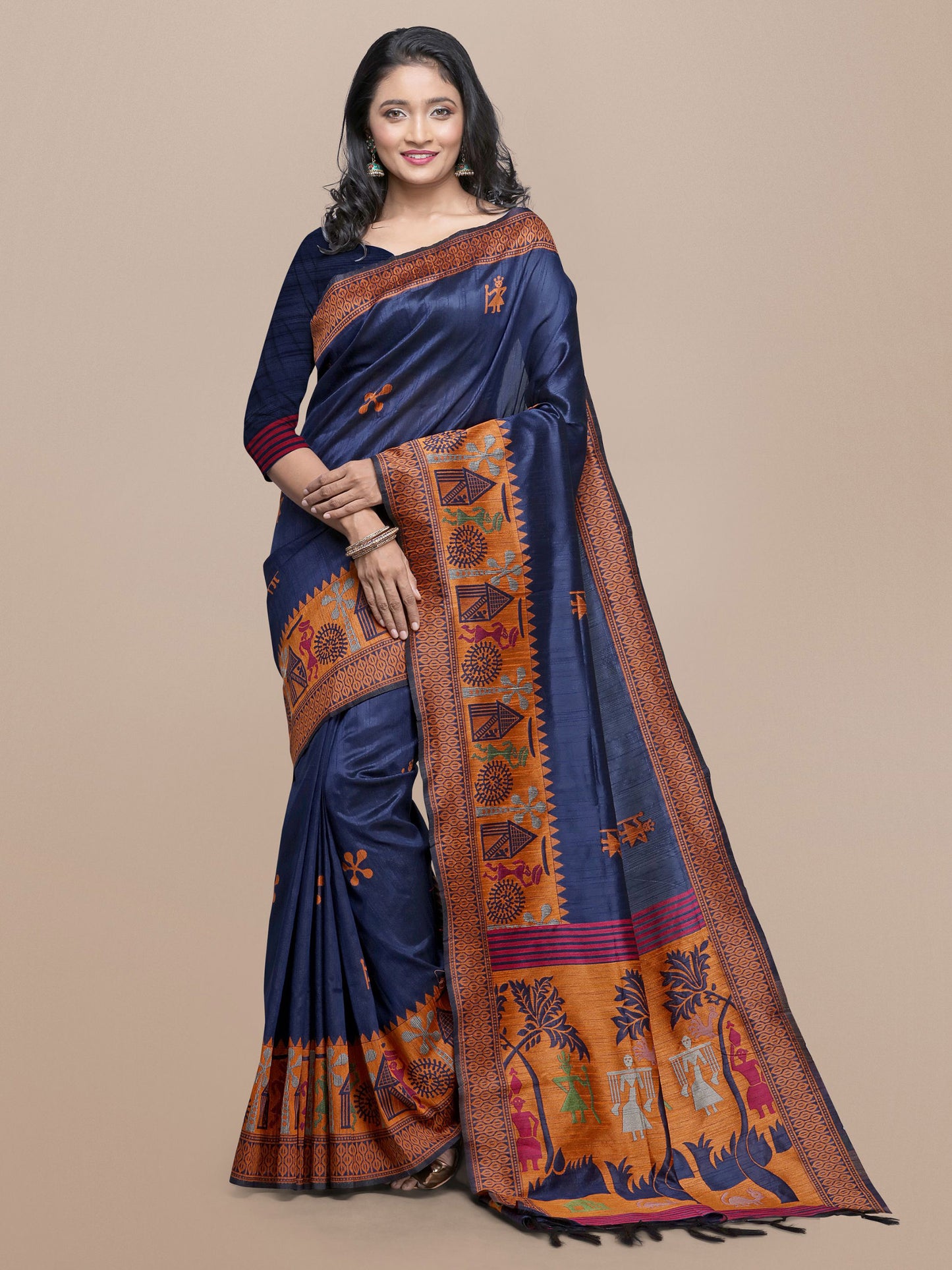 Blue Handloom Kalamkari woven Raw Silk saree