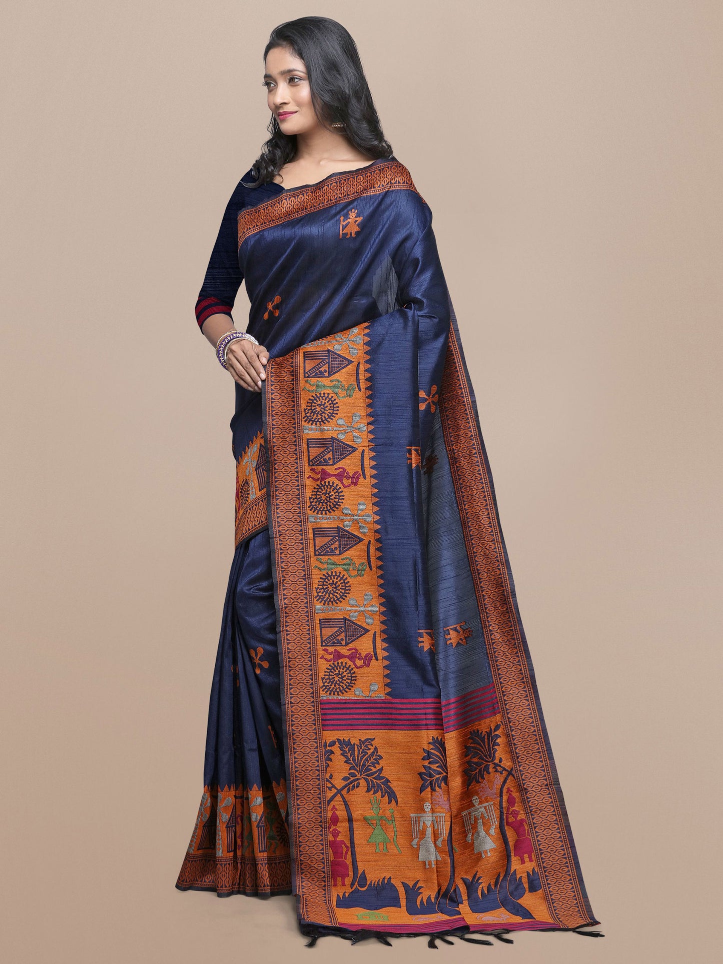 Blue Handloom Kalamkari woven Raw Silk saree