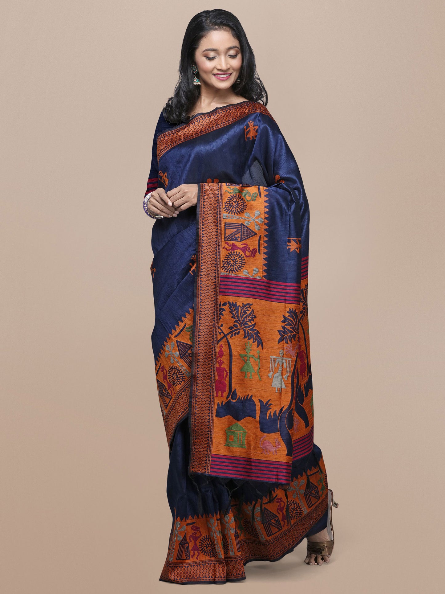 Blue Handloom Kalamkari woven Raw Silk saree