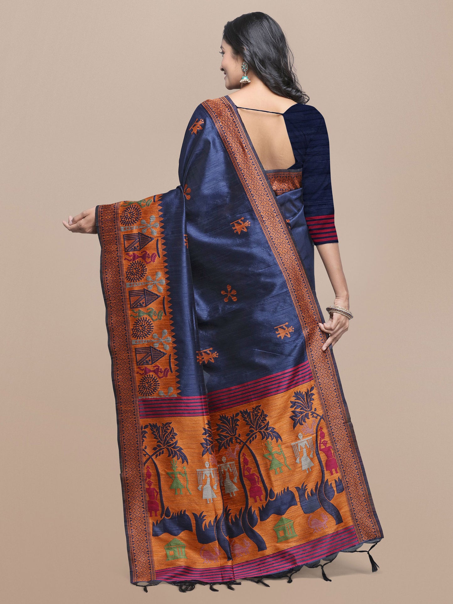 Blue Handloom Kalamkari woven Raw Silk saree