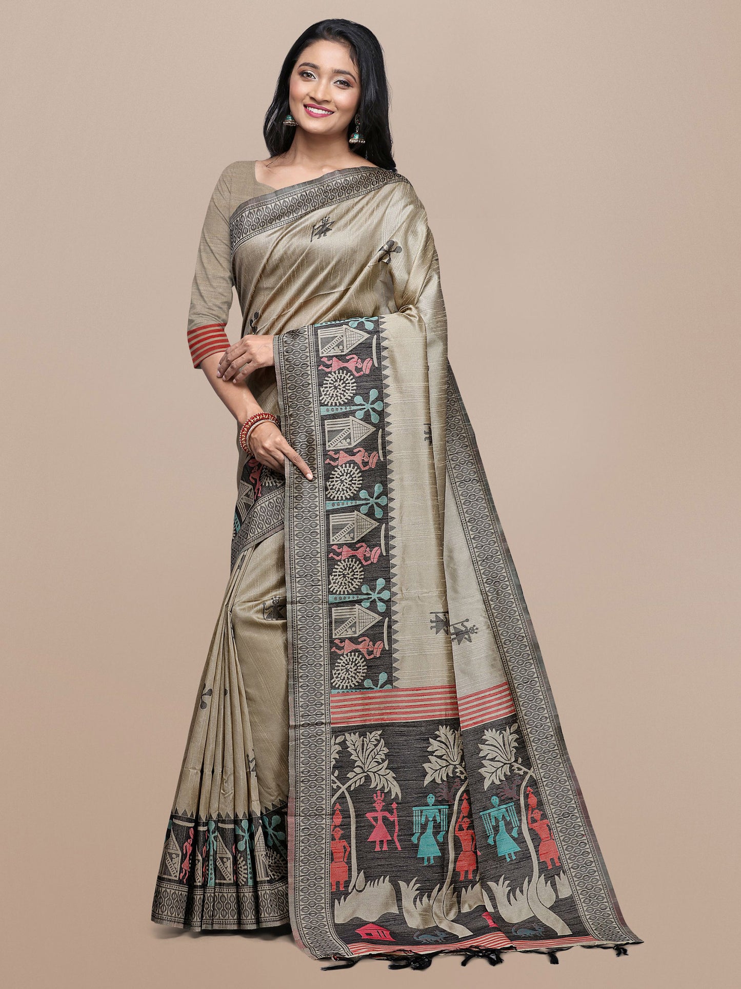 Chiku Handloom Kalamkari woven Raw Silk saree