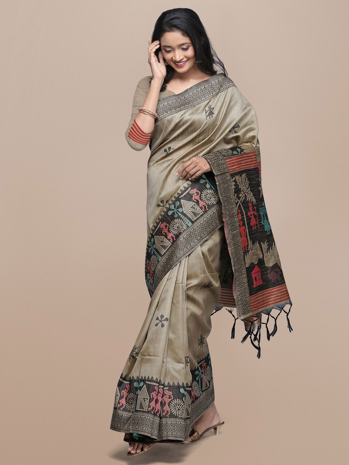 Chiku Handloom Kalamkari woven Raw Silk saree