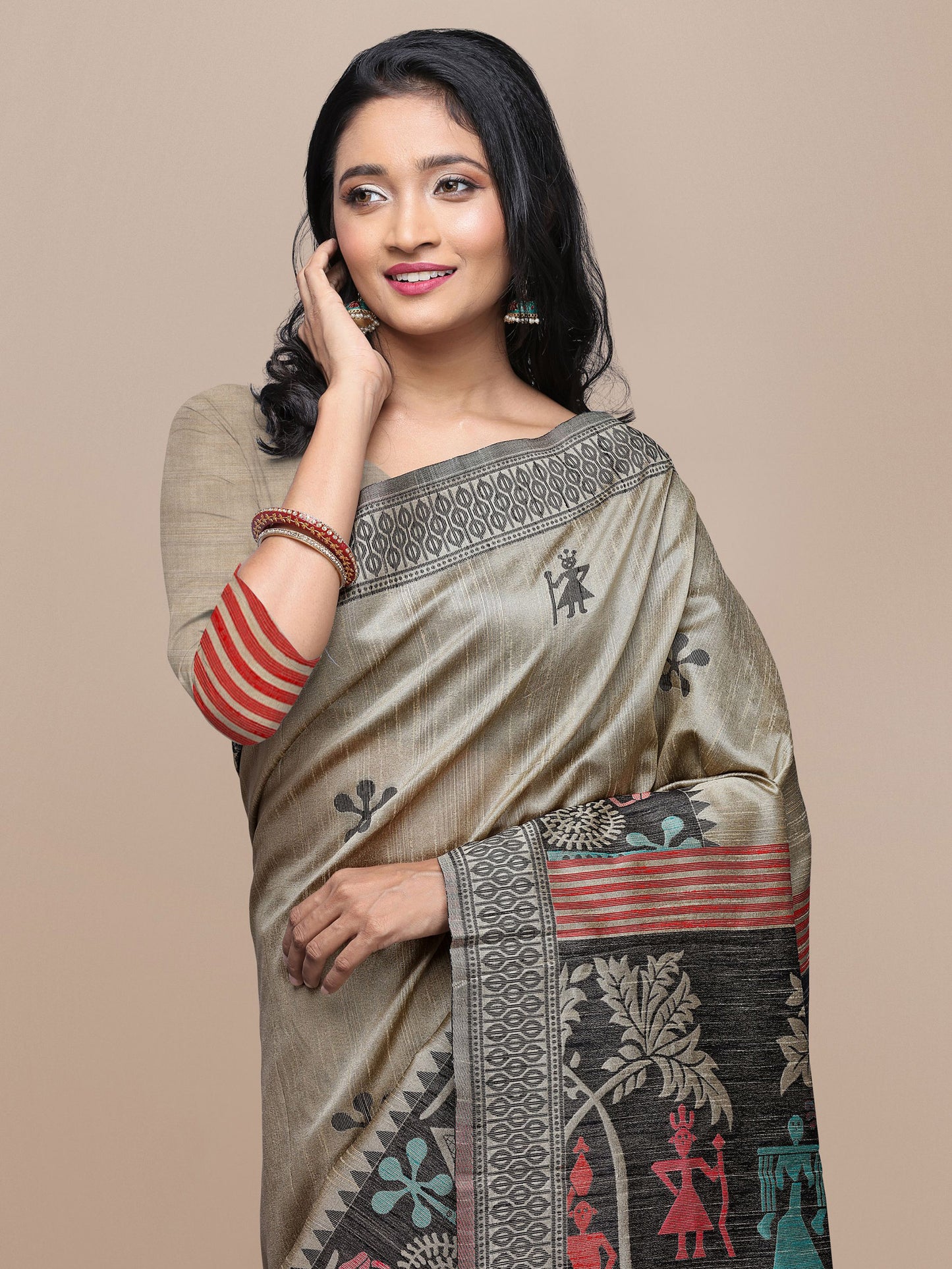 Chiku Handloom Kalamkari woven Raw Silk saree