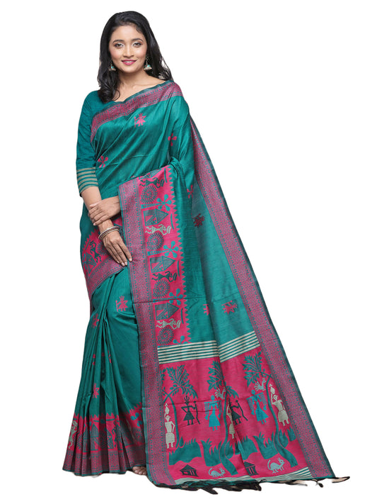 Rama Green Handloom Kalamkari woven Raw Silk saree