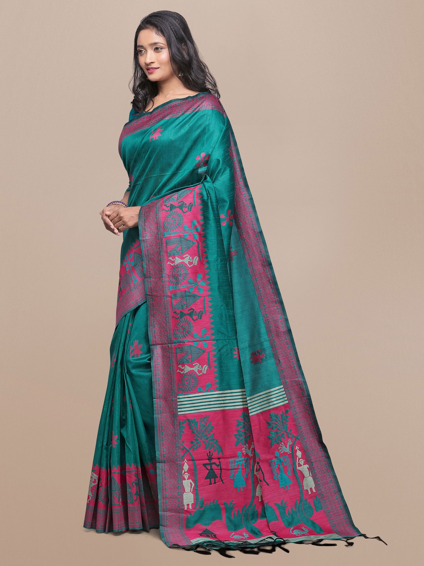 Rama Green Handloom Kalamkari woven Raw Silk saree