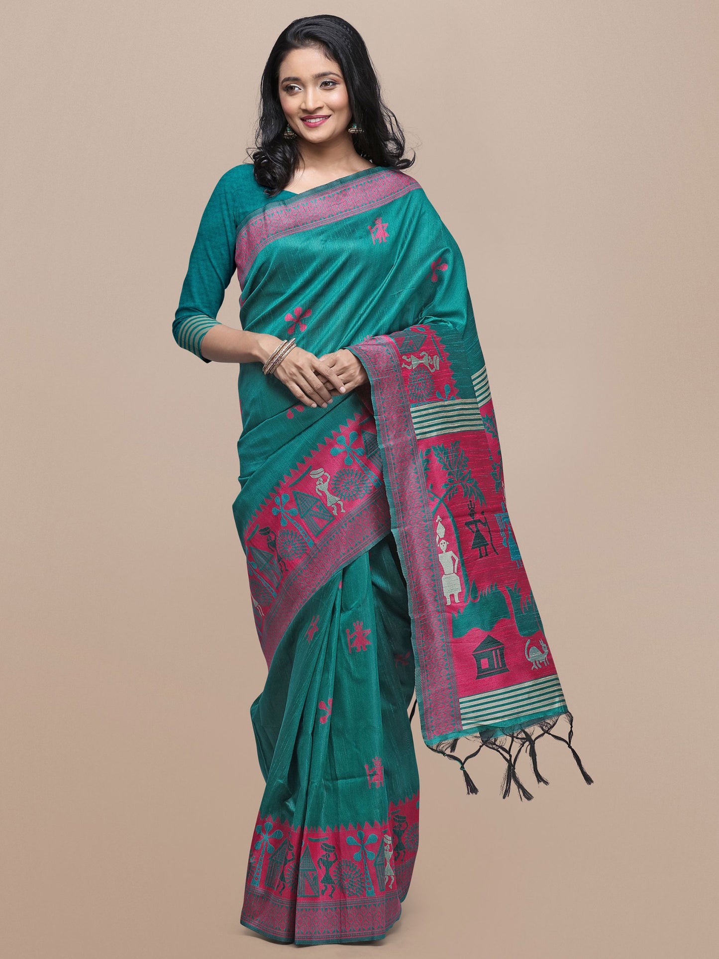 Rama Green Handloom Kalamkari woven Raw Silk saree