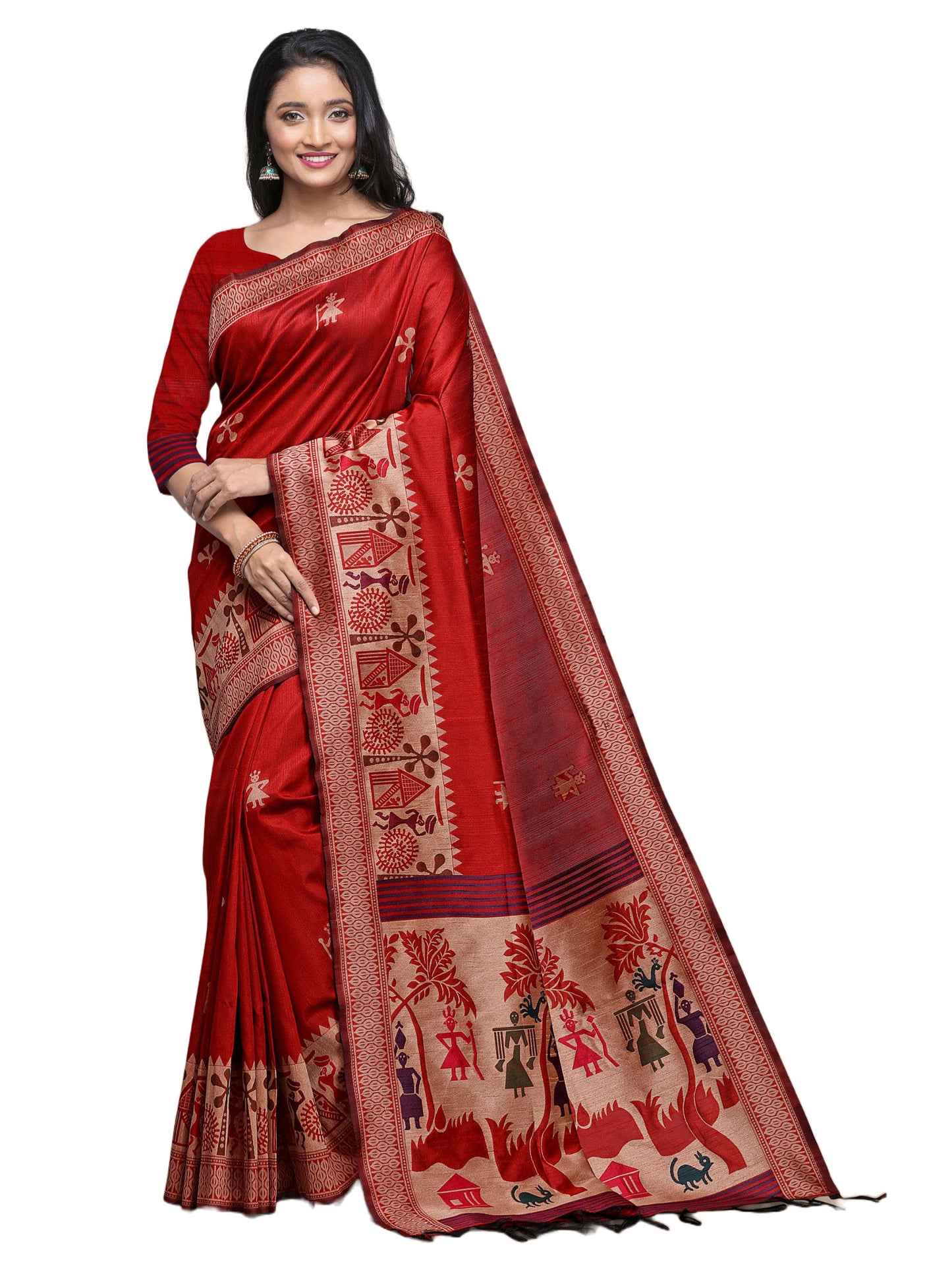 Red Handloom Kalamkari woven Raw Silk saree