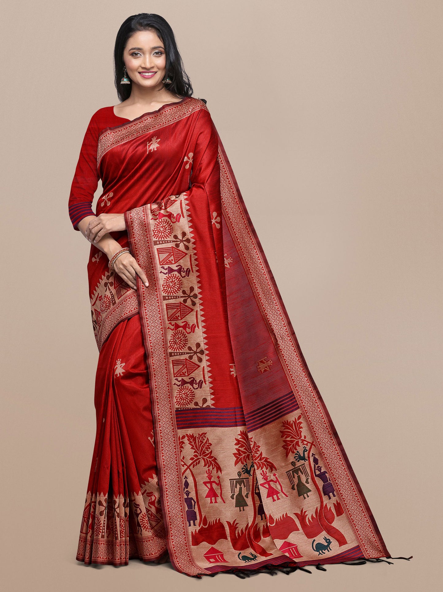 Red Handloom Kalamkari woven Raw Silk saree