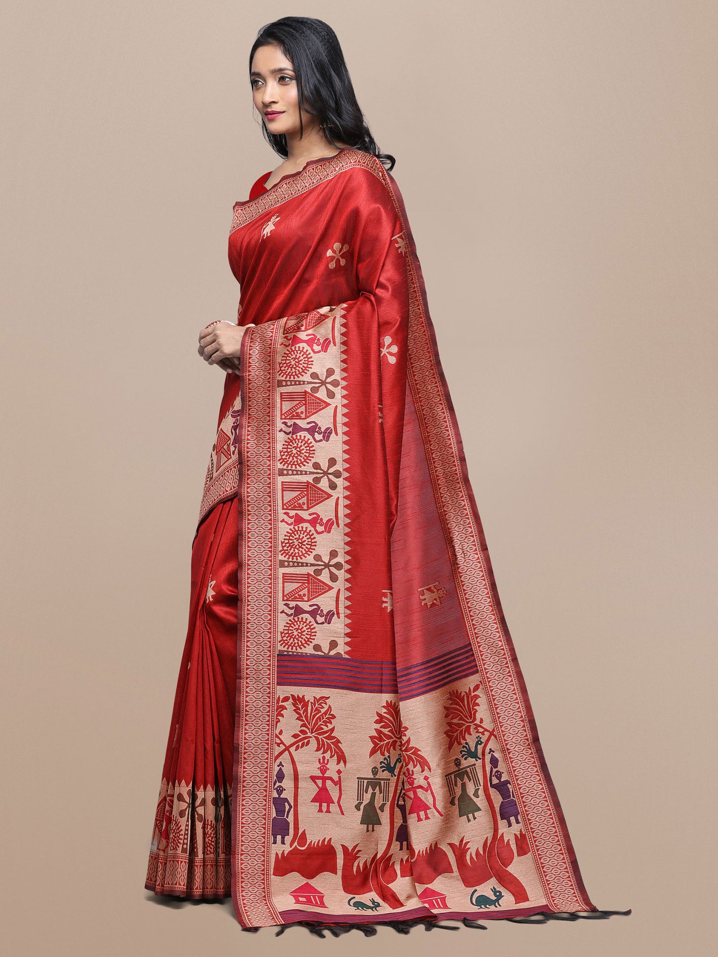 Red Handloom Kalamkari woven Raw Silk saree