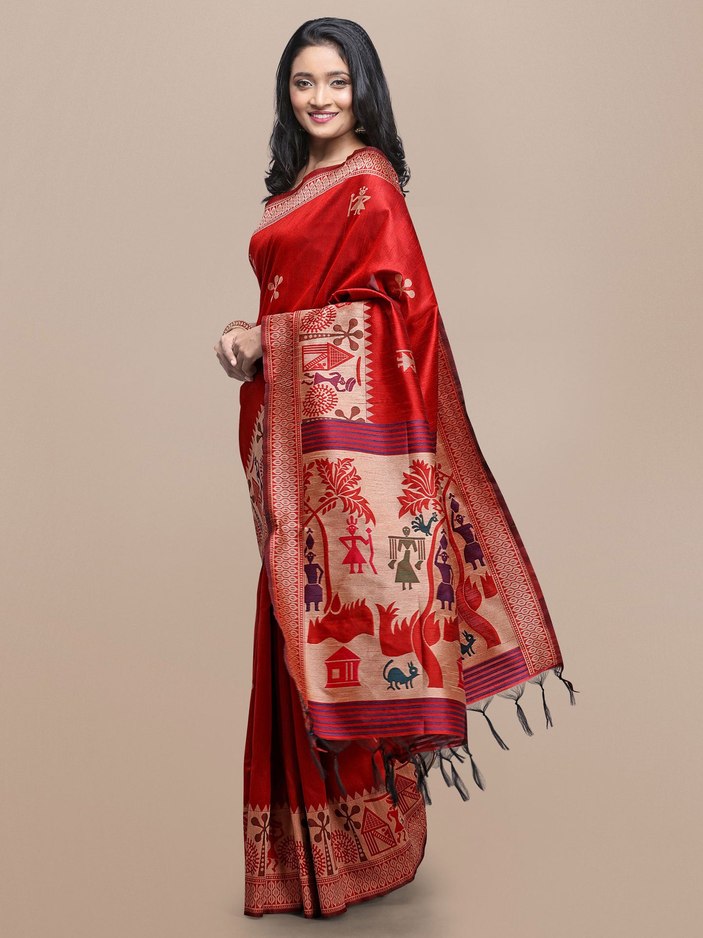 Red Handloom Kalamkari woven Raw Silk saree