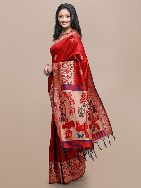 Red Handloom Kalamkari woven Raw Silk saree