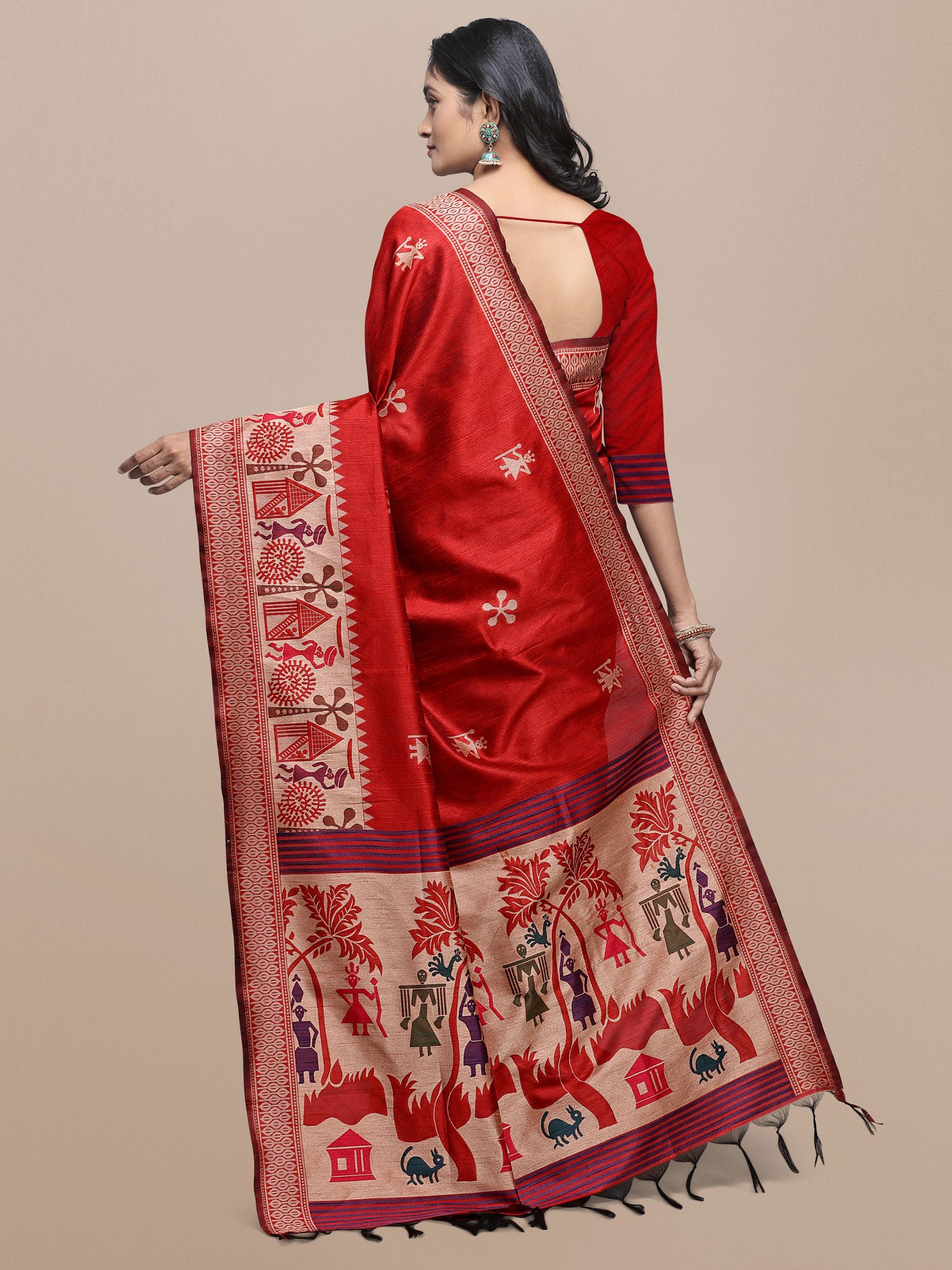 Red Handloom Kalamkari woven Raw Silk saree