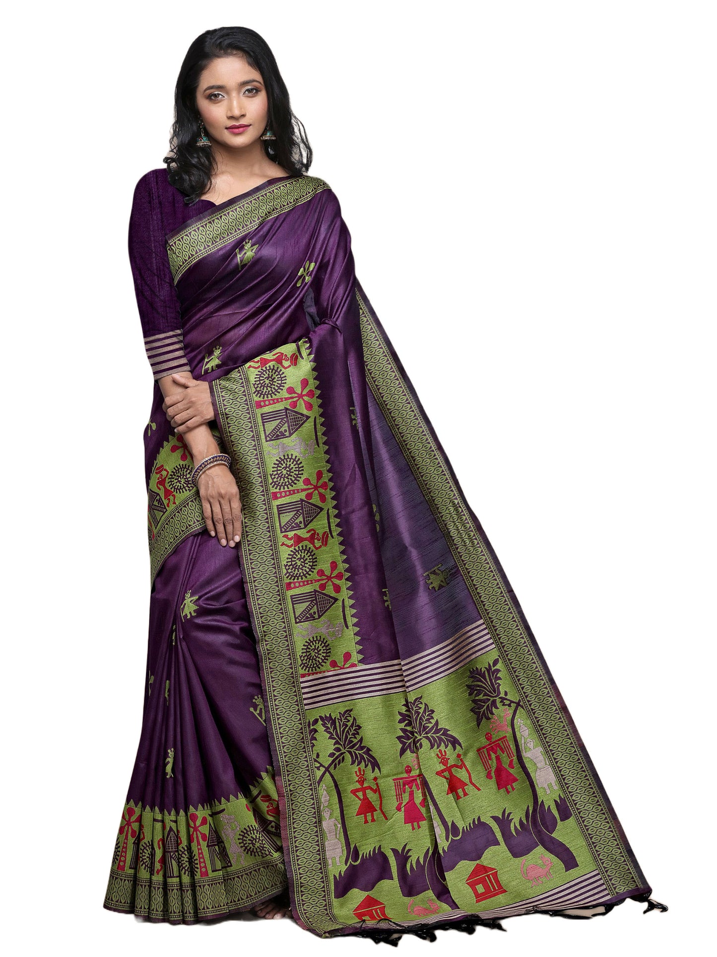 Wine Handloom Kalamkari woven Raw Silk saree