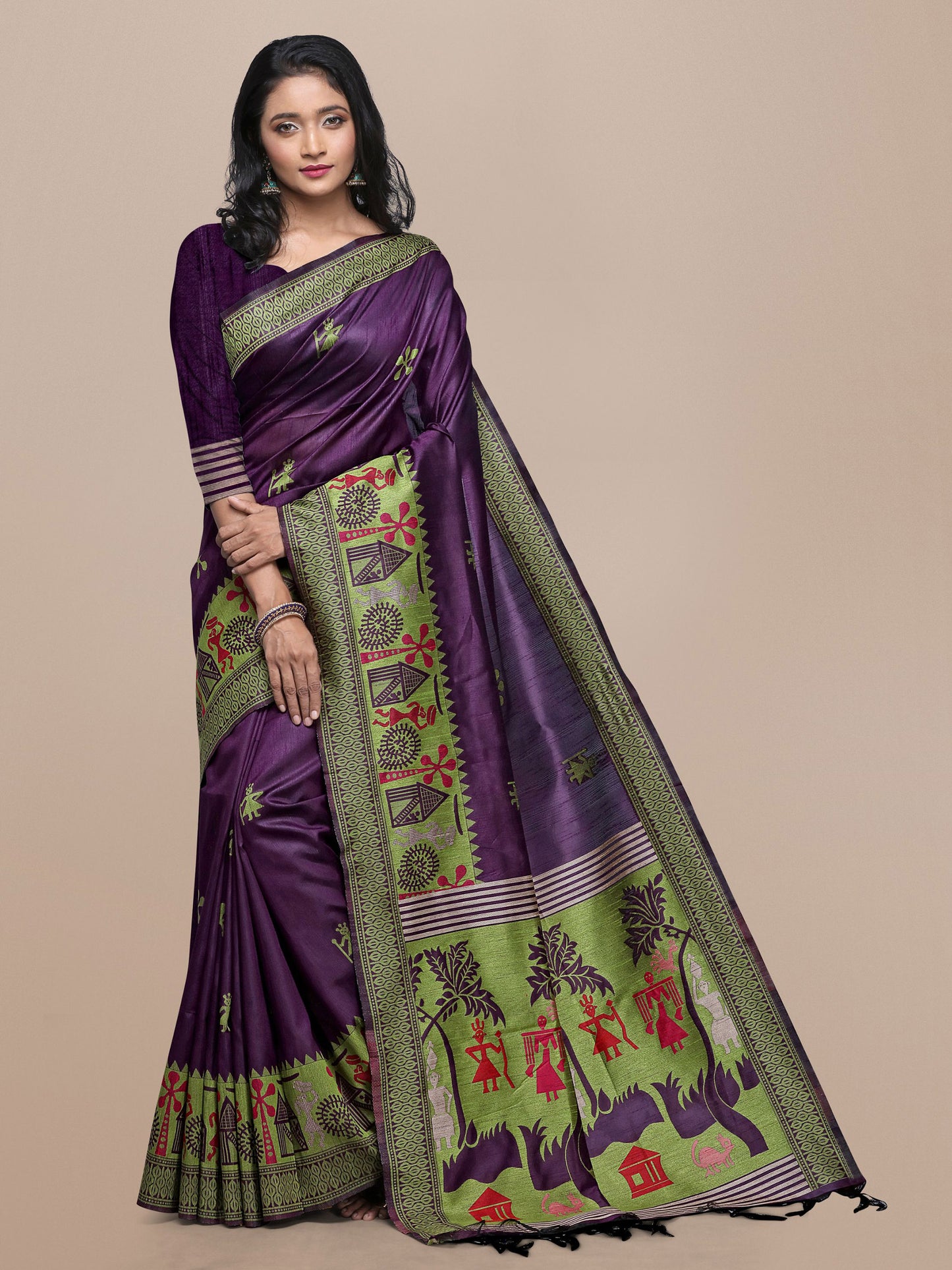 Wine Handloom Kalamkari woven Raw Silk saree