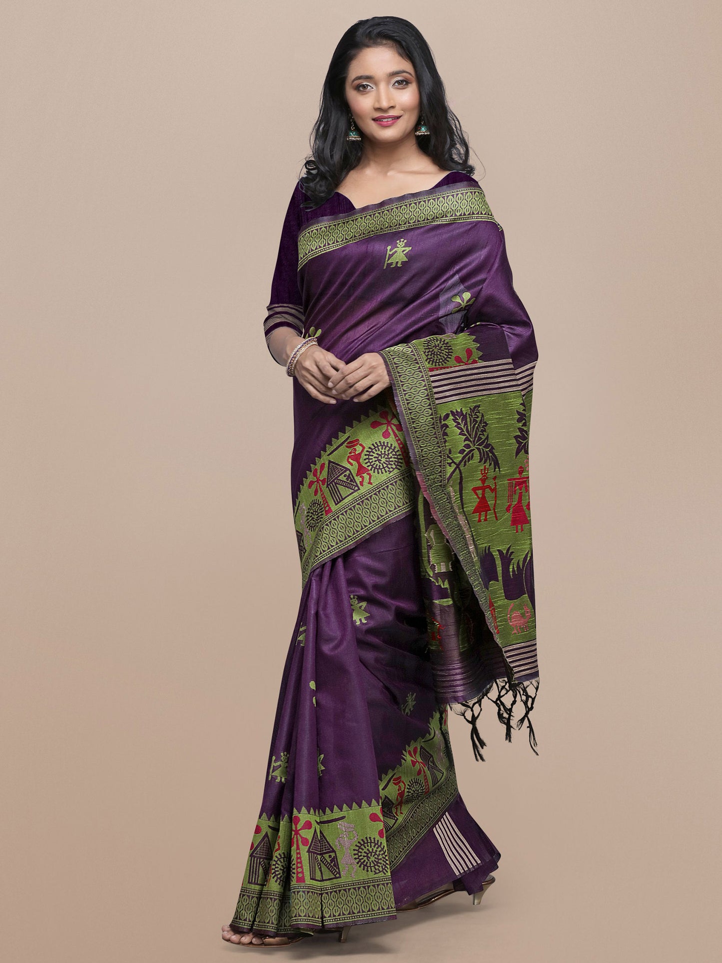 Wine Handloom Kalamkari woven Raw Silk saree