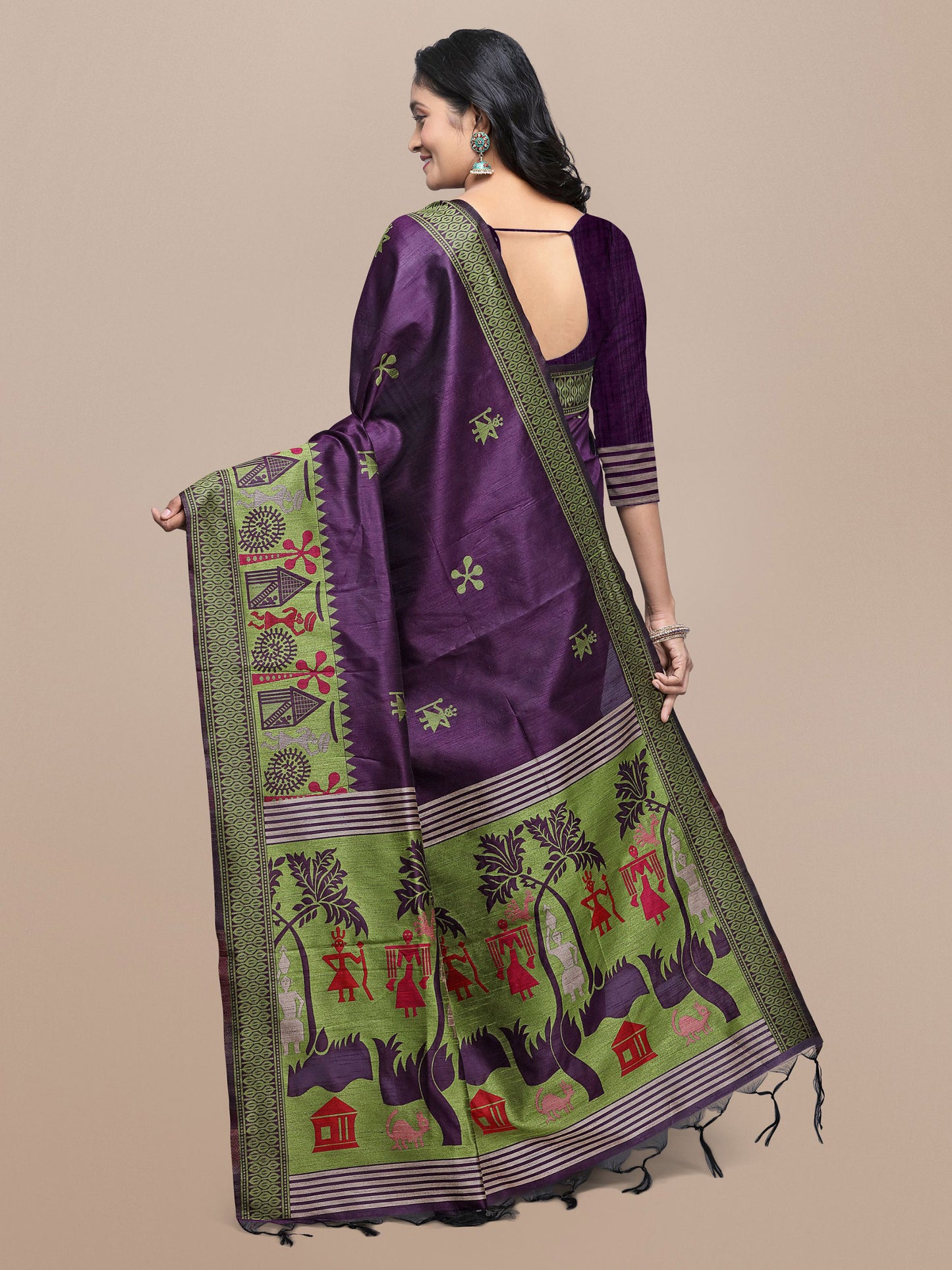 Wine Handloom Kalamkari woven Raw Silk saree