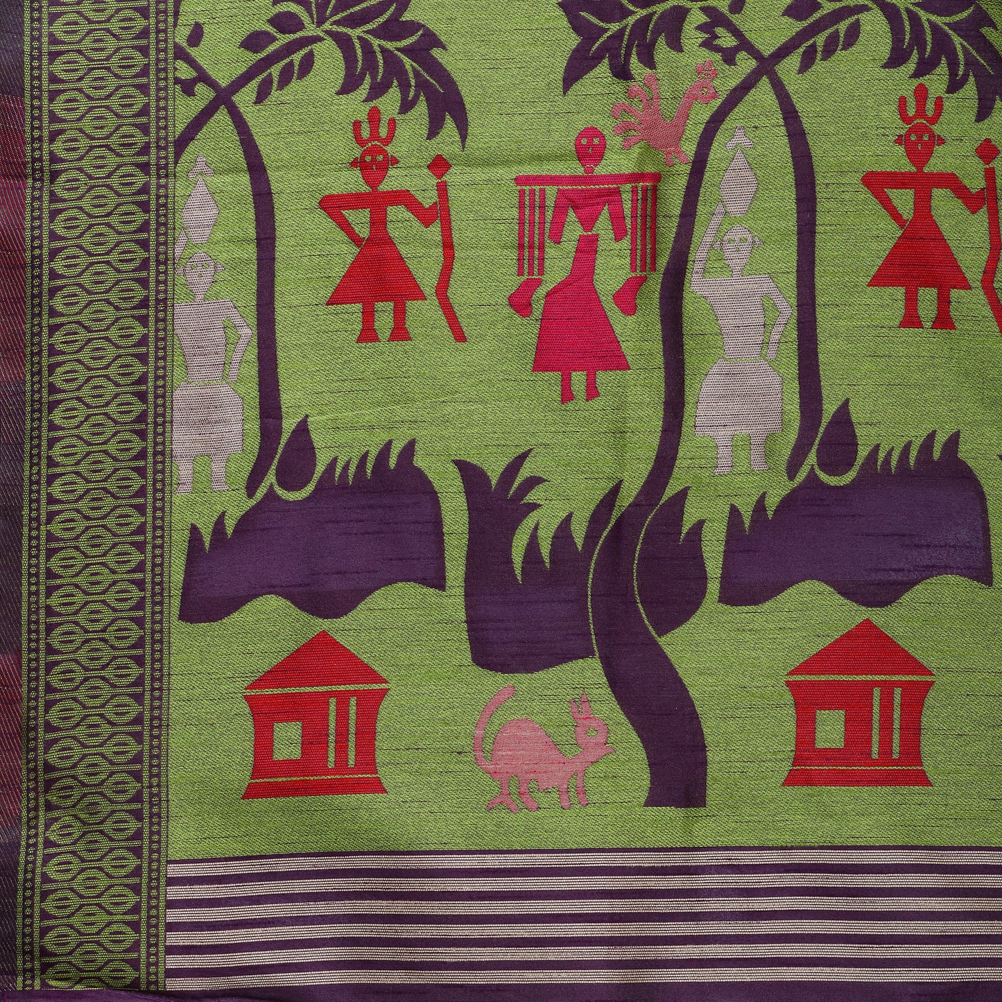 Wine Handloom Kalamkari woven Raw Silk saree