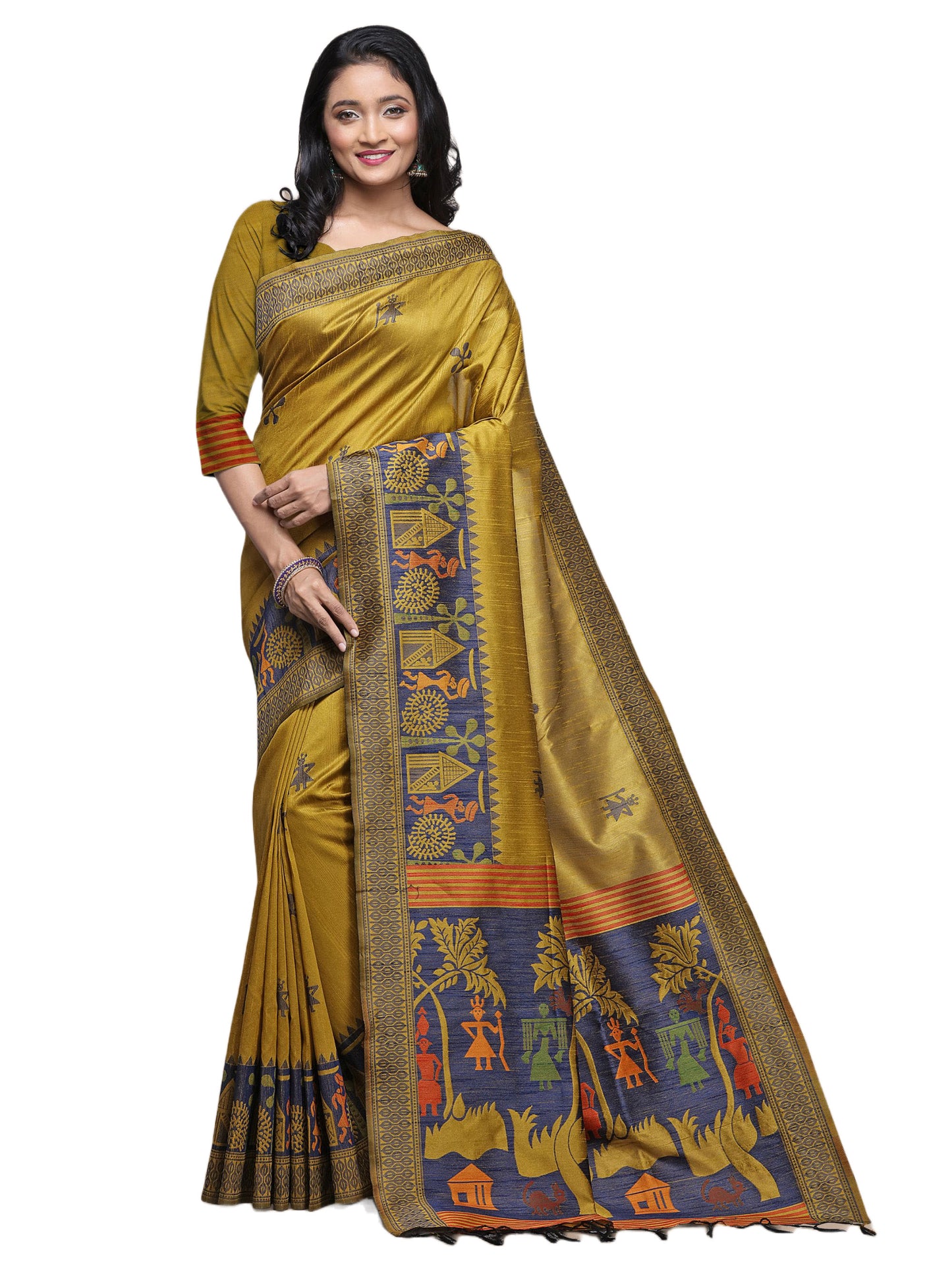 Yellow Handloom Kalamkari woven Raw Silk saree