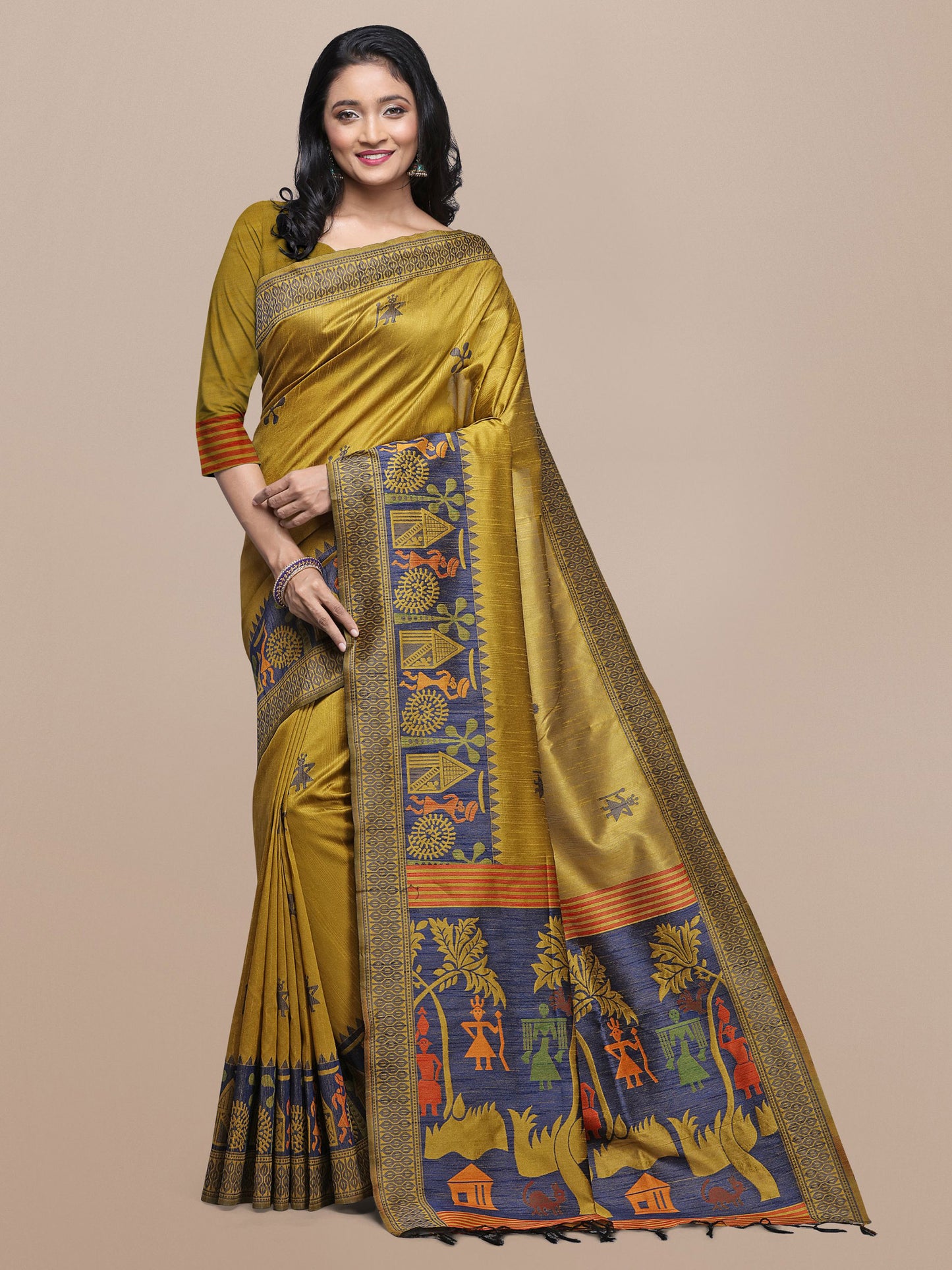 Yellow Handloom Kalamkari woven Raw Silk saree