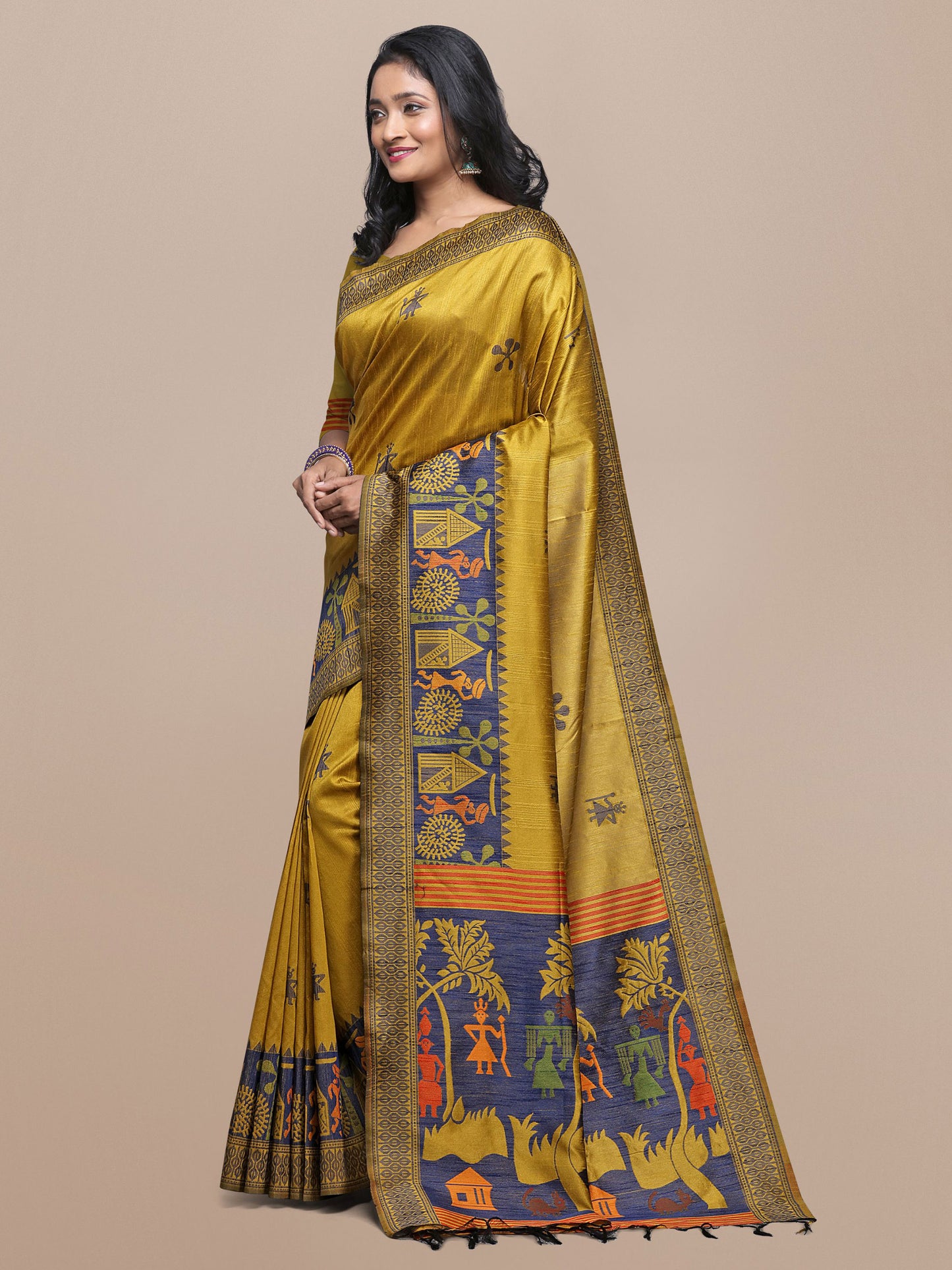 Yellow Handloom Kalamkari woven Raw Silk saree