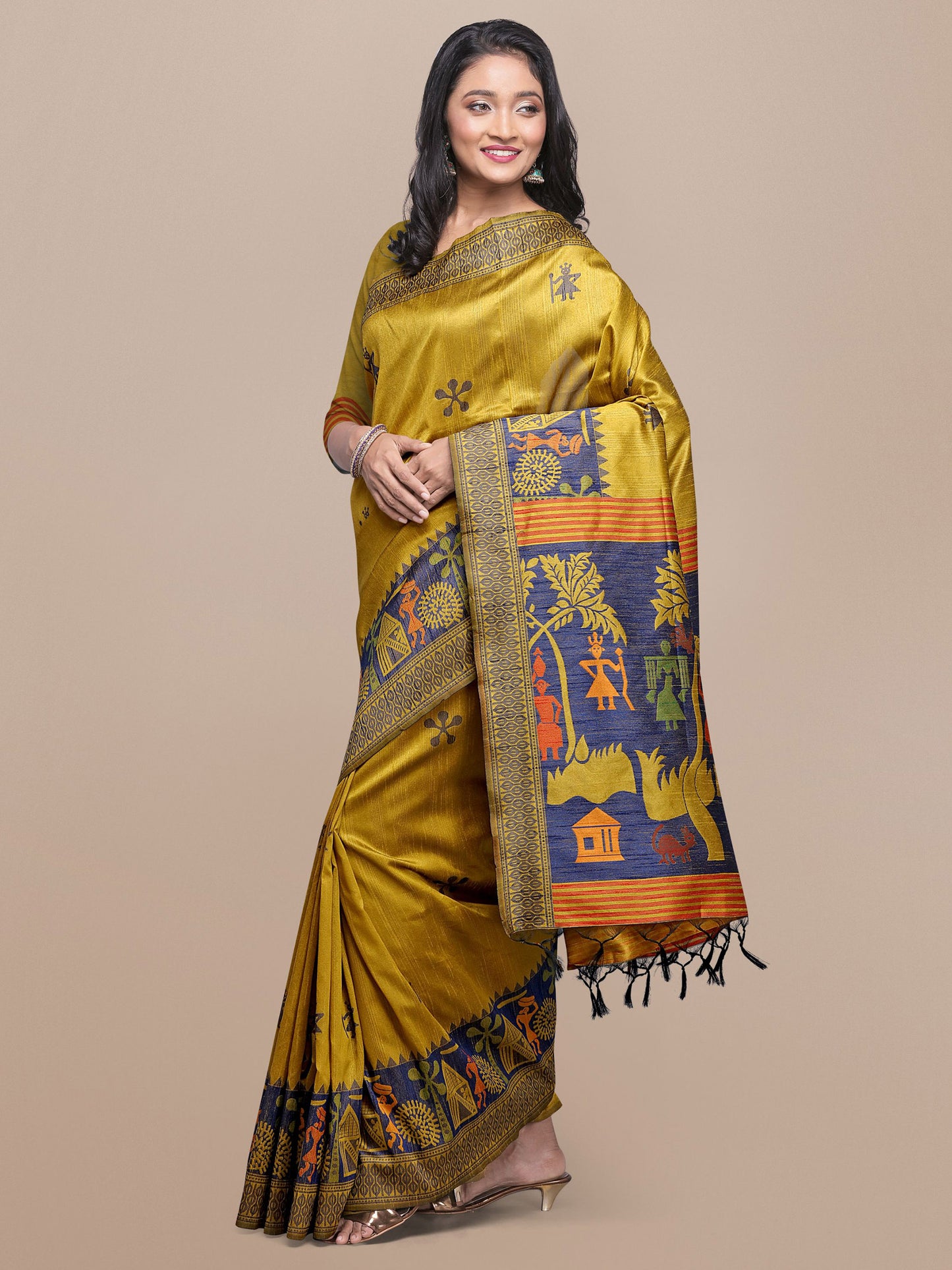 Yellow Handloom Kalamkari woven Raw Silk saree