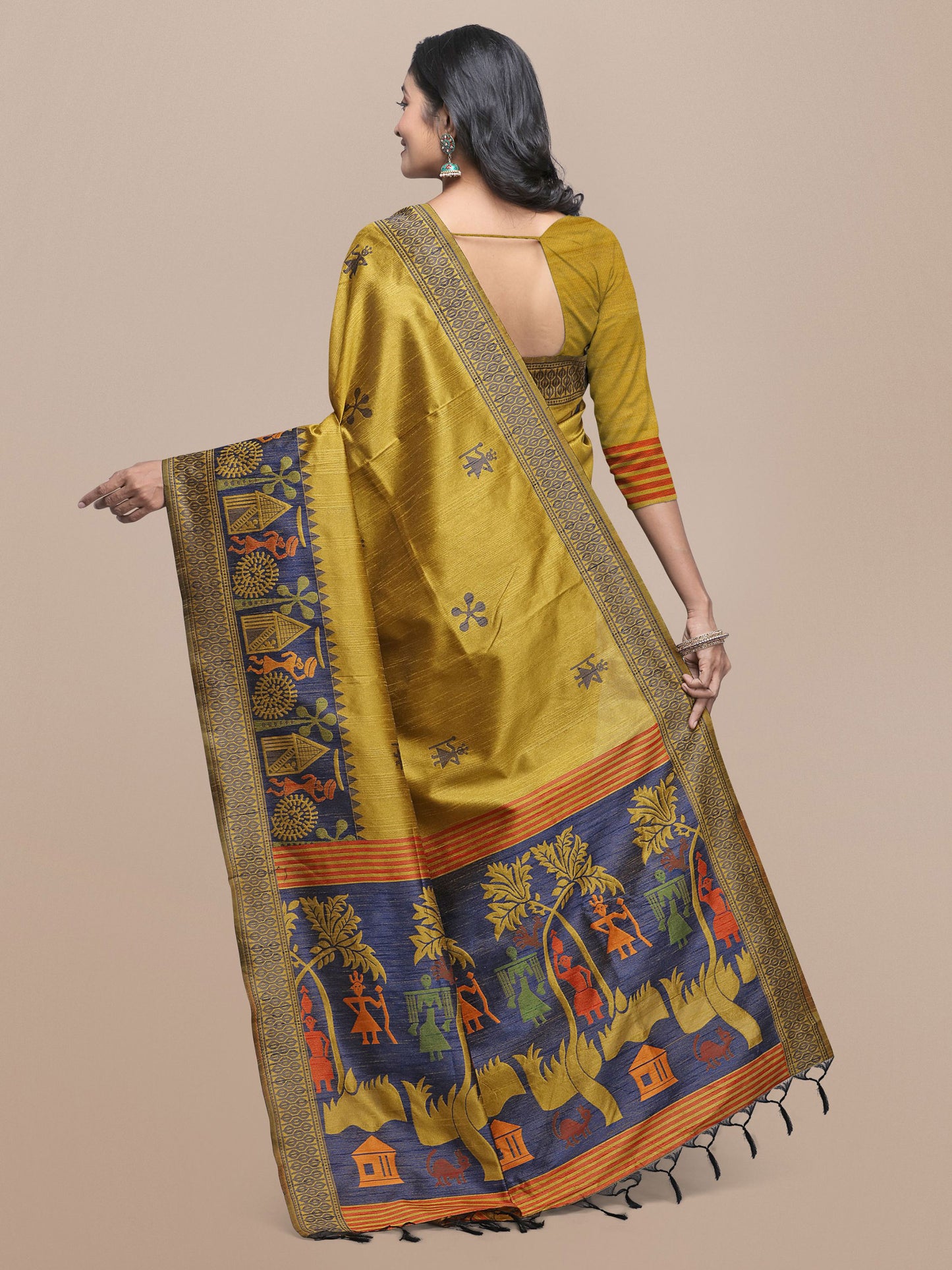 Yellow Handloom Kalamkari woven Raw Silk saree