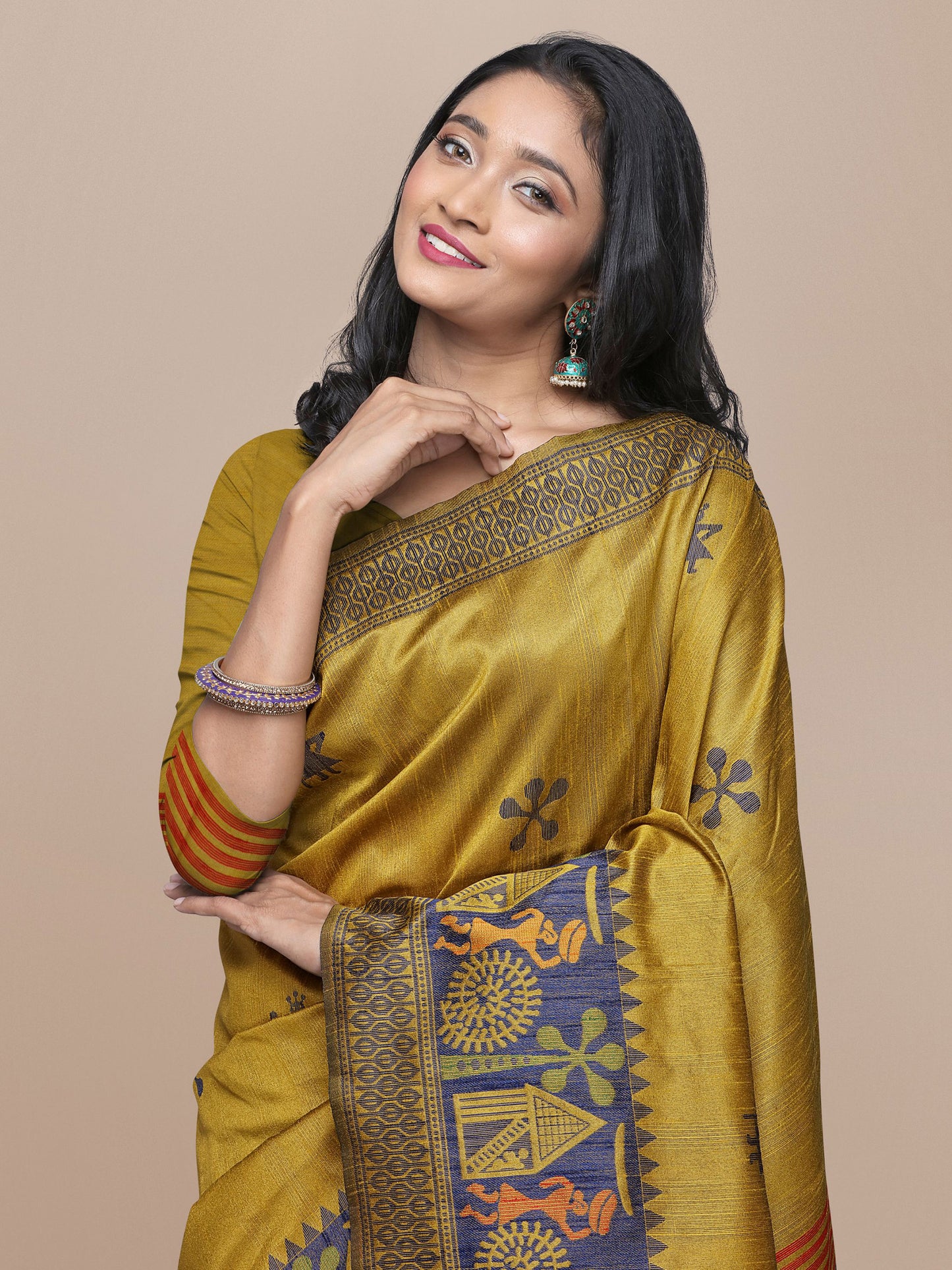 Yellow Handloom Kalamkari woven Raw Silk saree