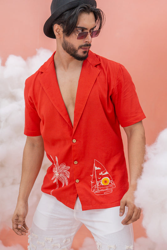 Beach boat Orangish Red Linen Cotton shirt