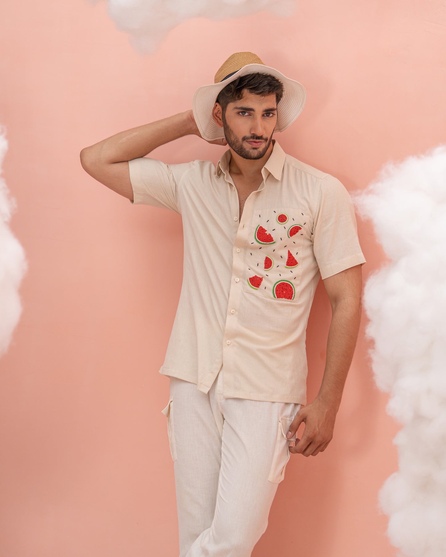 Beige Linen Cotton Hand Embroidered Watermelon shirt