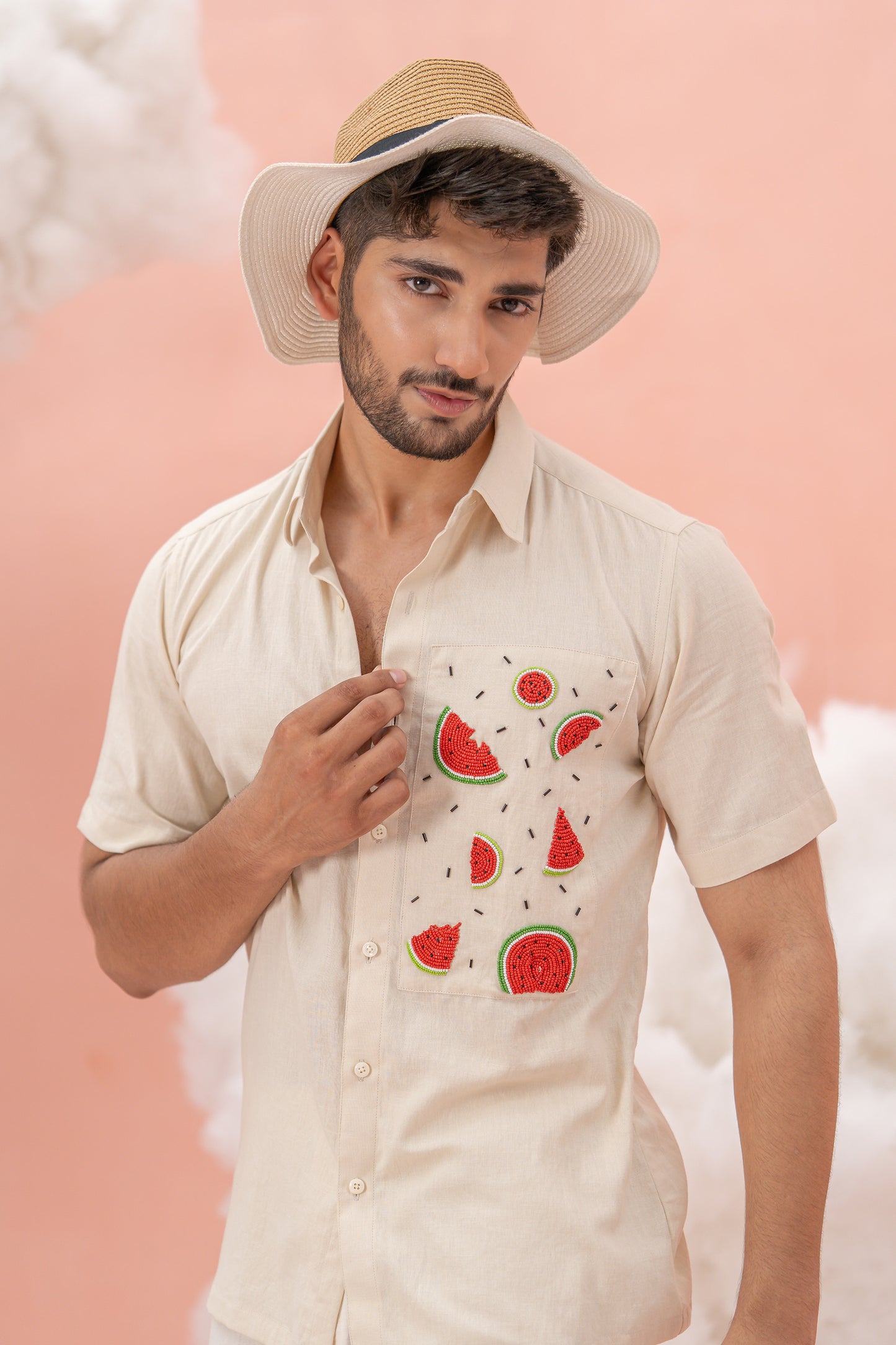 Beige Linen Cotton Hand Embroidered Watermelon shirt