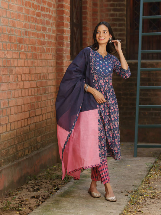 Tara - Floral Print Pure Cotton a-line Kurta Set With Mulmul Dupatta and Intricate Embroidery Work