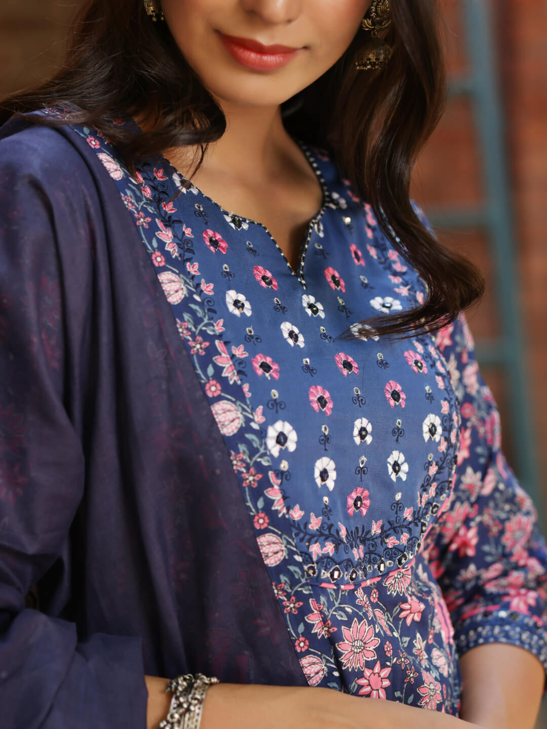 Tara - Floral Print Pure Cotton a-line Kurta Set With Mulmul Dupatta and Intricate Embroidery Work