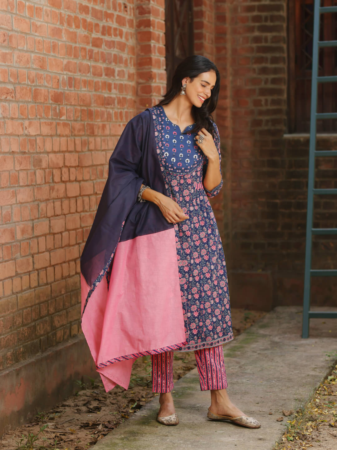 Tara - Floral Print Pure Cotton a-line Kurta Set With Mulmul Dupatta and Intricate Embroidery Work