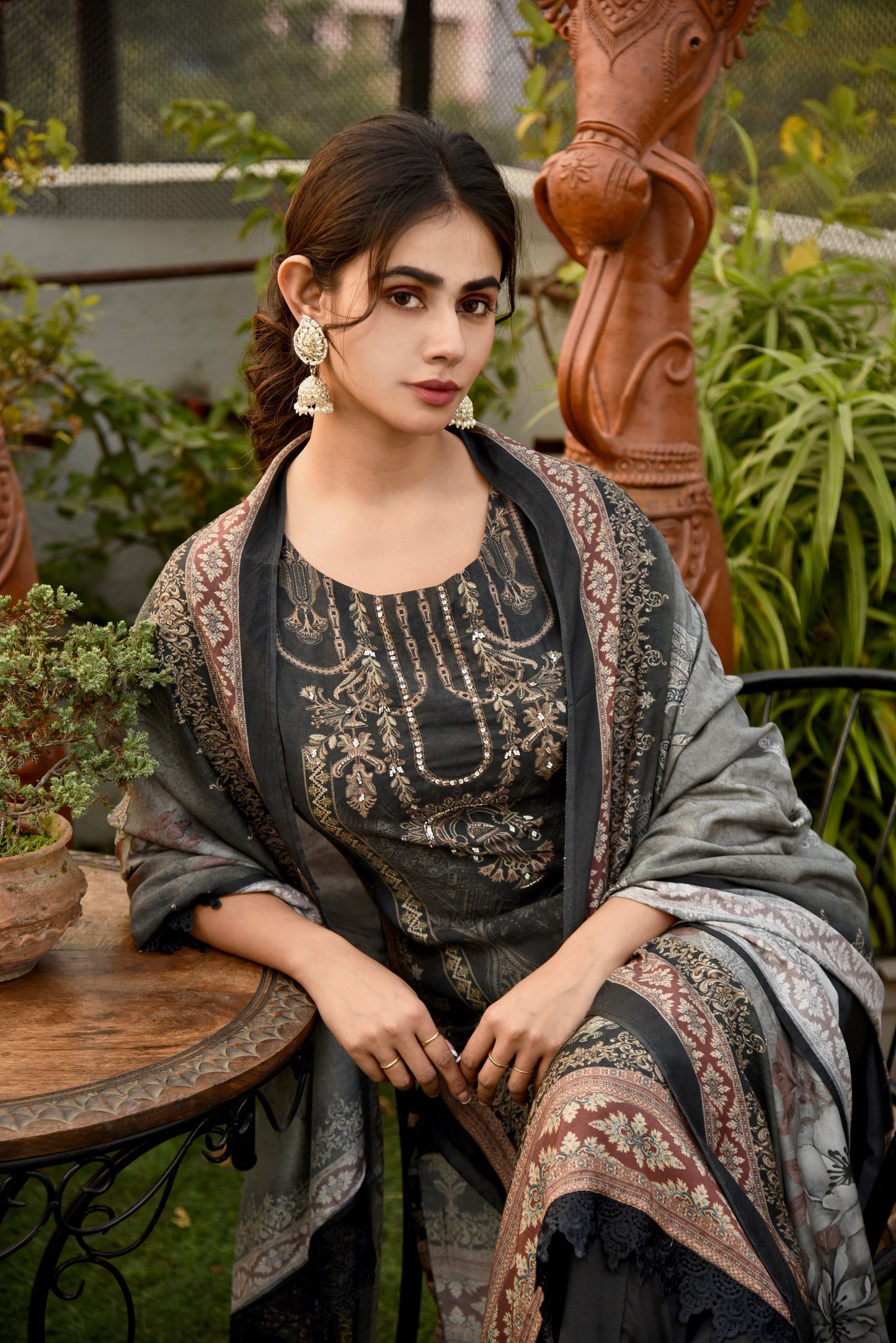 Sable Grey Muslin Silk Printed Kurta set with Hand Emroidery