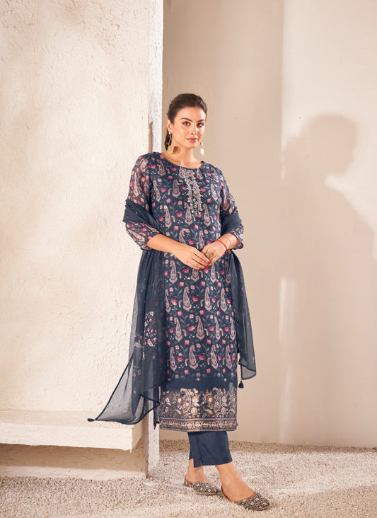 Blue Paisley Organza Printed Kurta set with Embroidery