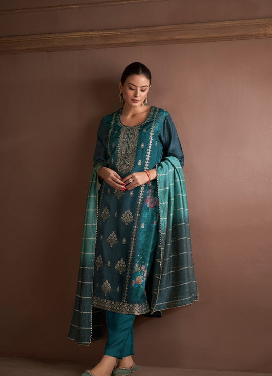 Mystic Rama Green Muslin Silk Printed Kurta set with Embroidery