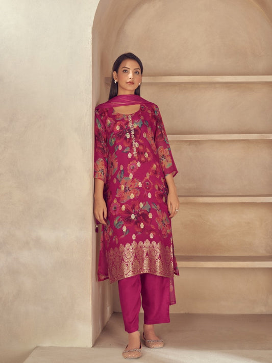 Rosy Pink Organza Printed Kurta set with Embroidery