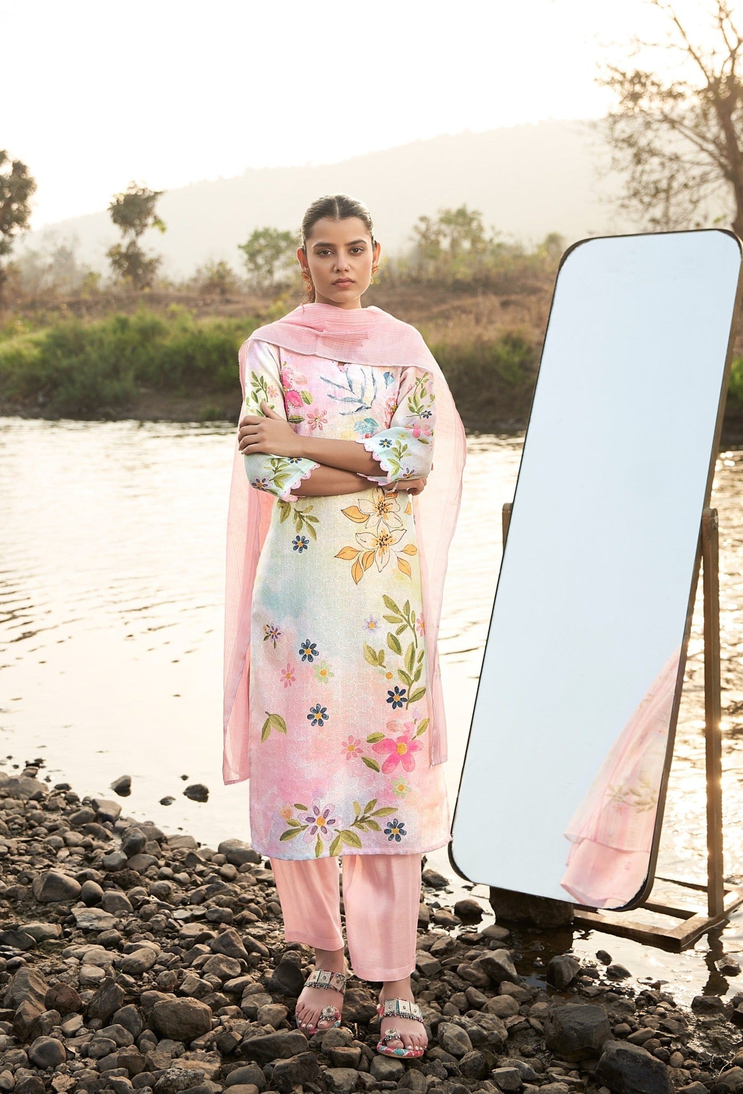 Vivid Blossom Linen Printed Kurta set with Embroidery