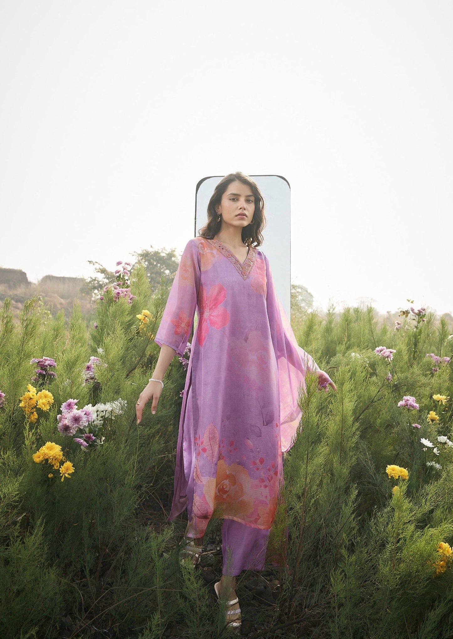 Purple Whisper Organza Printed Kurta set with Embroidery