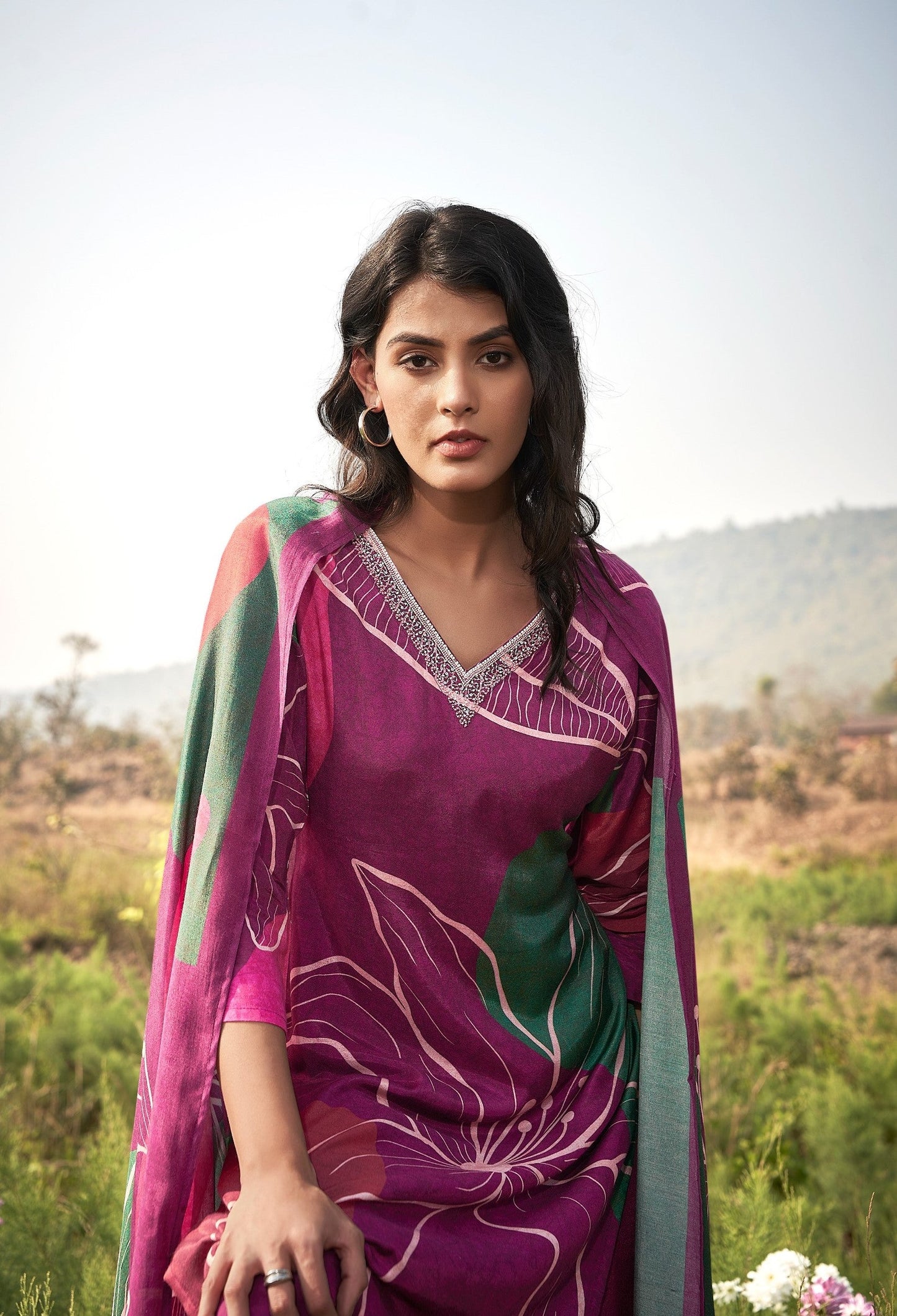 Floral wine Muslin Silk Printed Kurta set with Embroidery